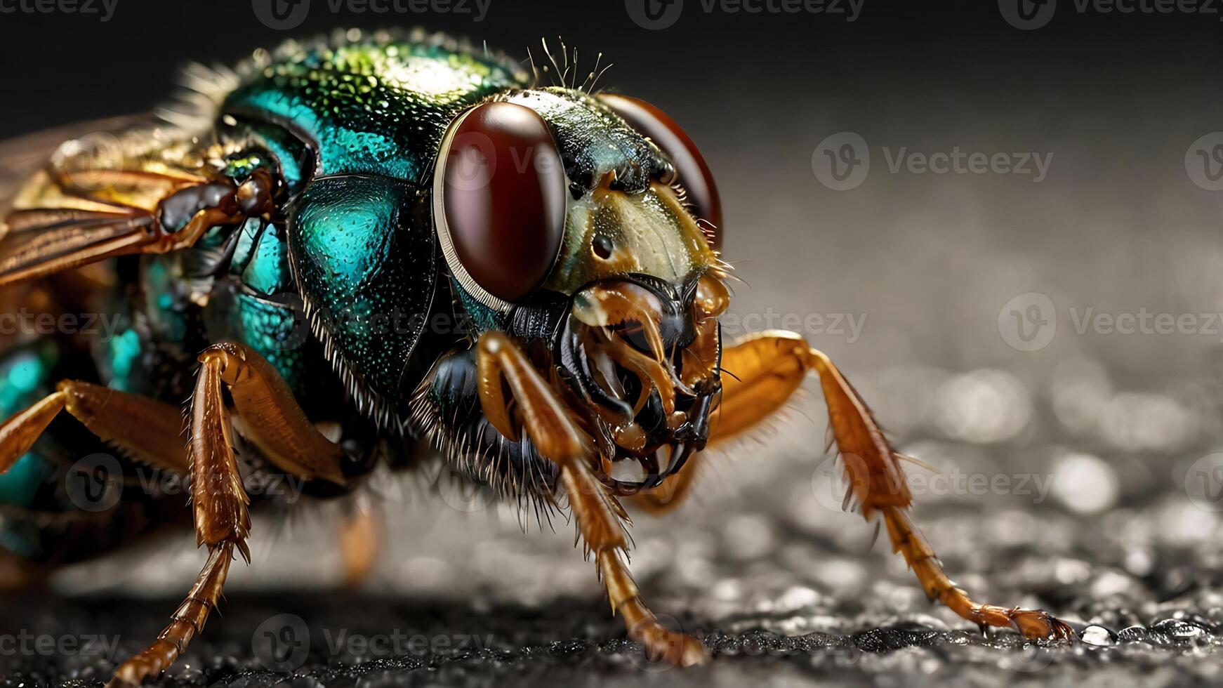 Macro shot of a vibrant emerald green fly with detailed features and textures. photo