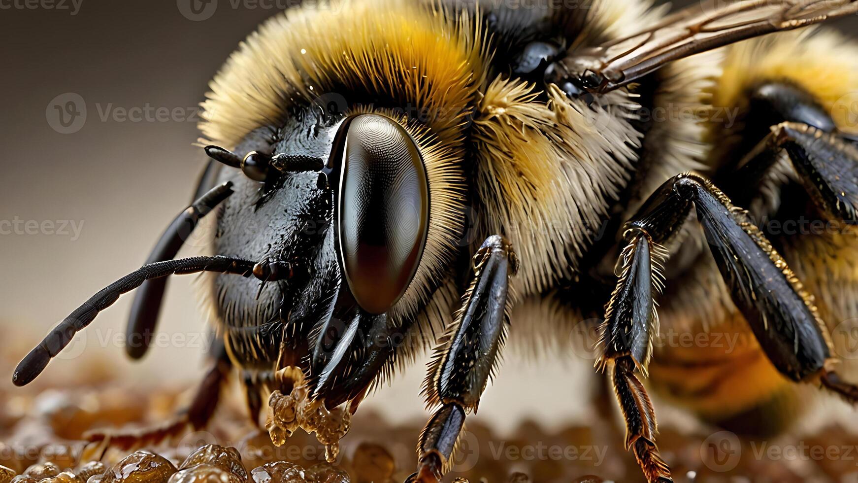 Close-up macro shot of a bumblebee feeding on a sweet, sticky substance. photo