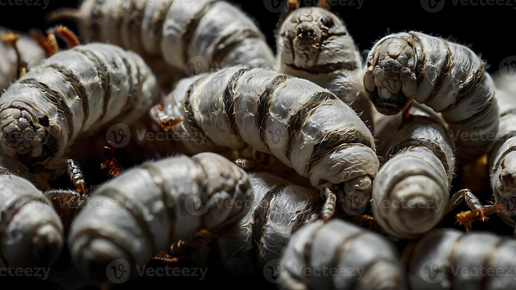 Close-up of a cluster of silkworms, showcasing their intricate textures and forms. photo