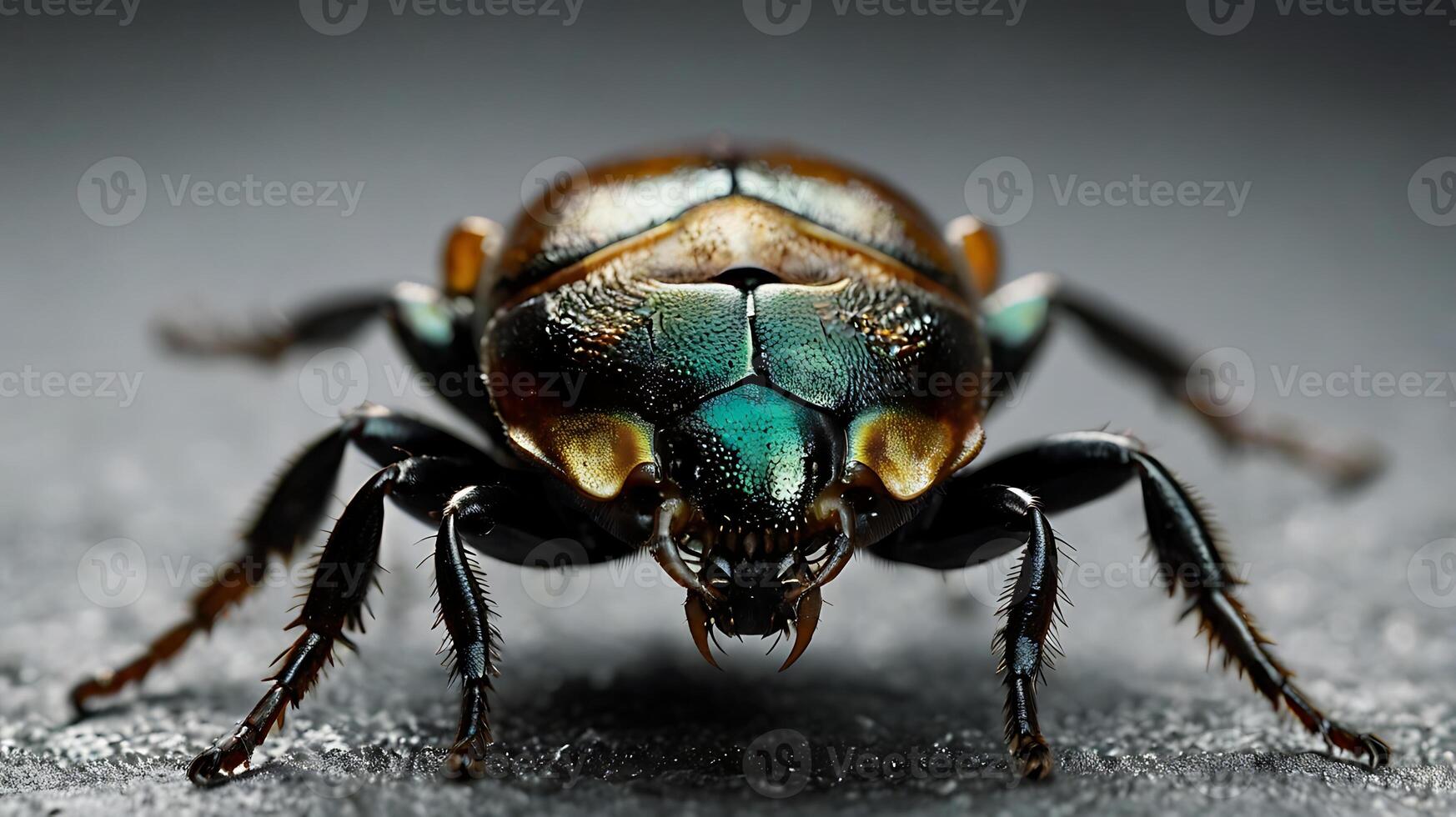 Macro shot of a vibrant iridescent beetle with intricate details on a textured surface photo
