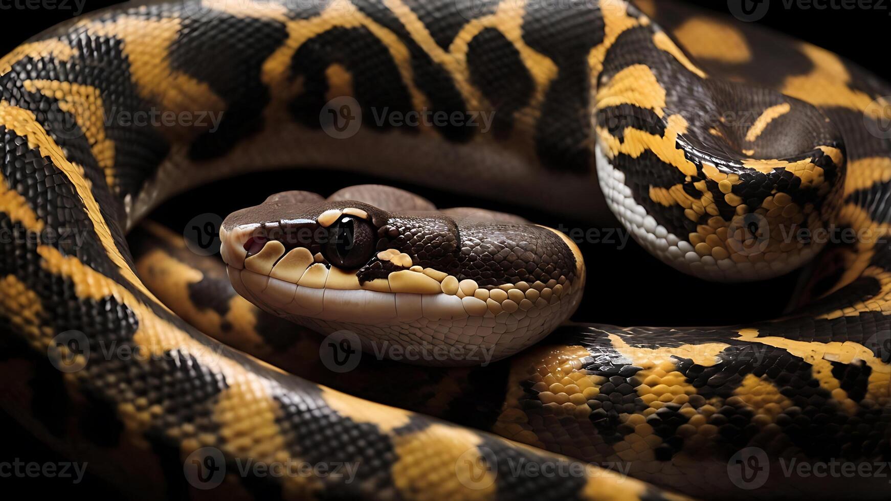 Stunning close-up of a coiled snake with intricate patterns and captivating eye contact photo