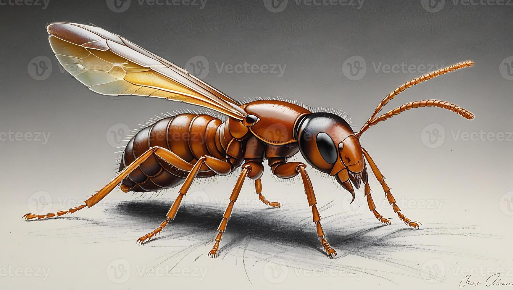 Detailed illustration of a winged ant with intricate details and realistic texture photo
