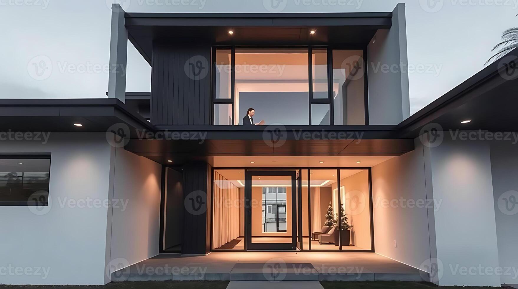 Modern home architectural design showcasing a professional working remotely photo