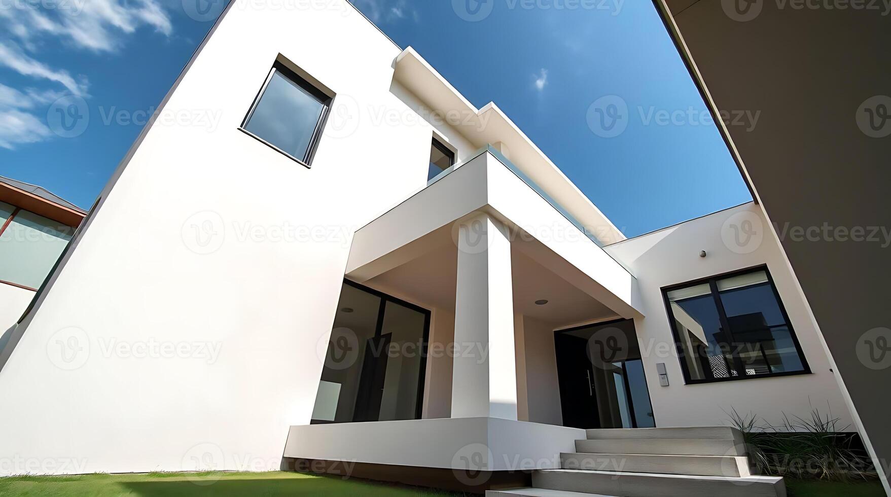 Modern architecture featuring a minimalist white house against blue sky photo