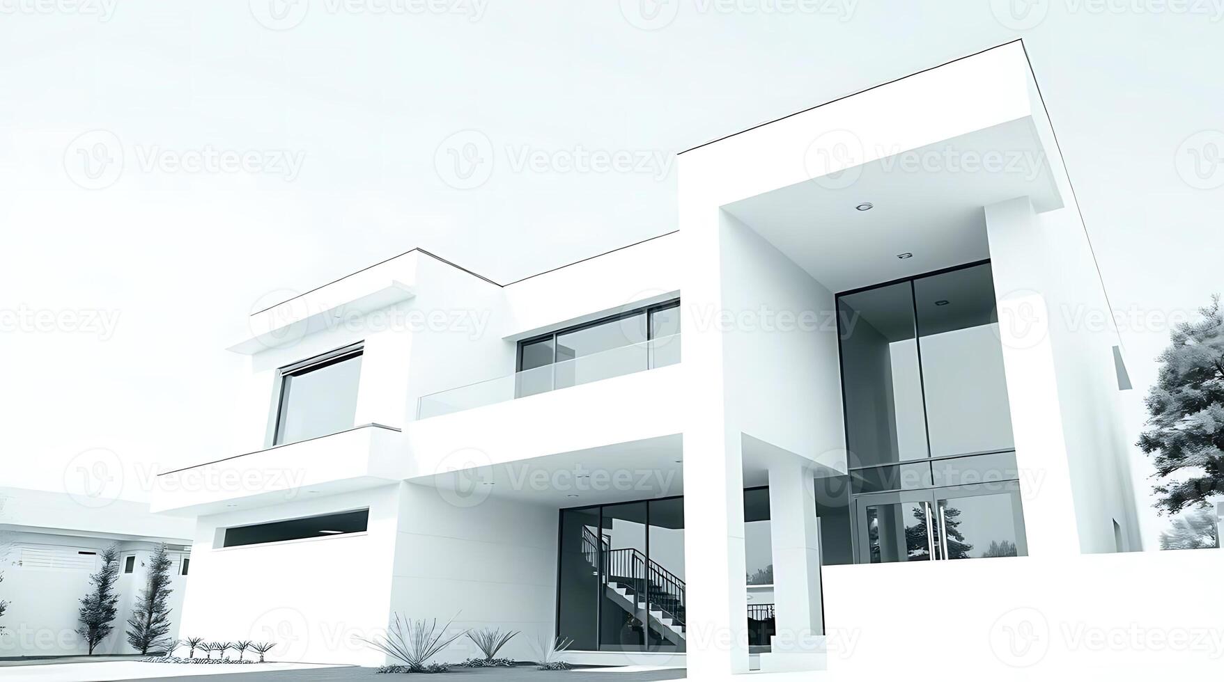 Modern white minimalist house exterior design with large windows view photo