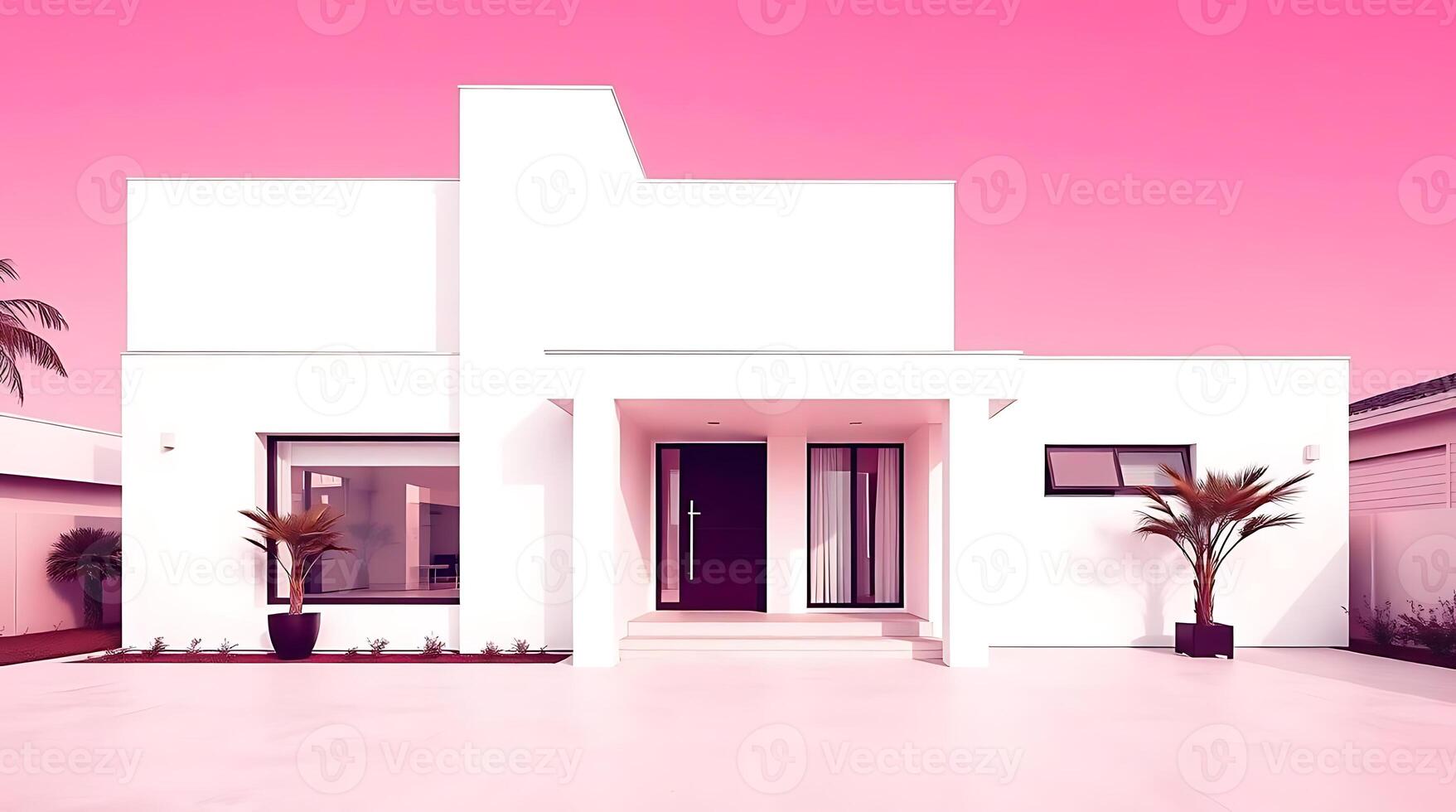 Modern minimalist house with white facade and pink sky in summer day photo