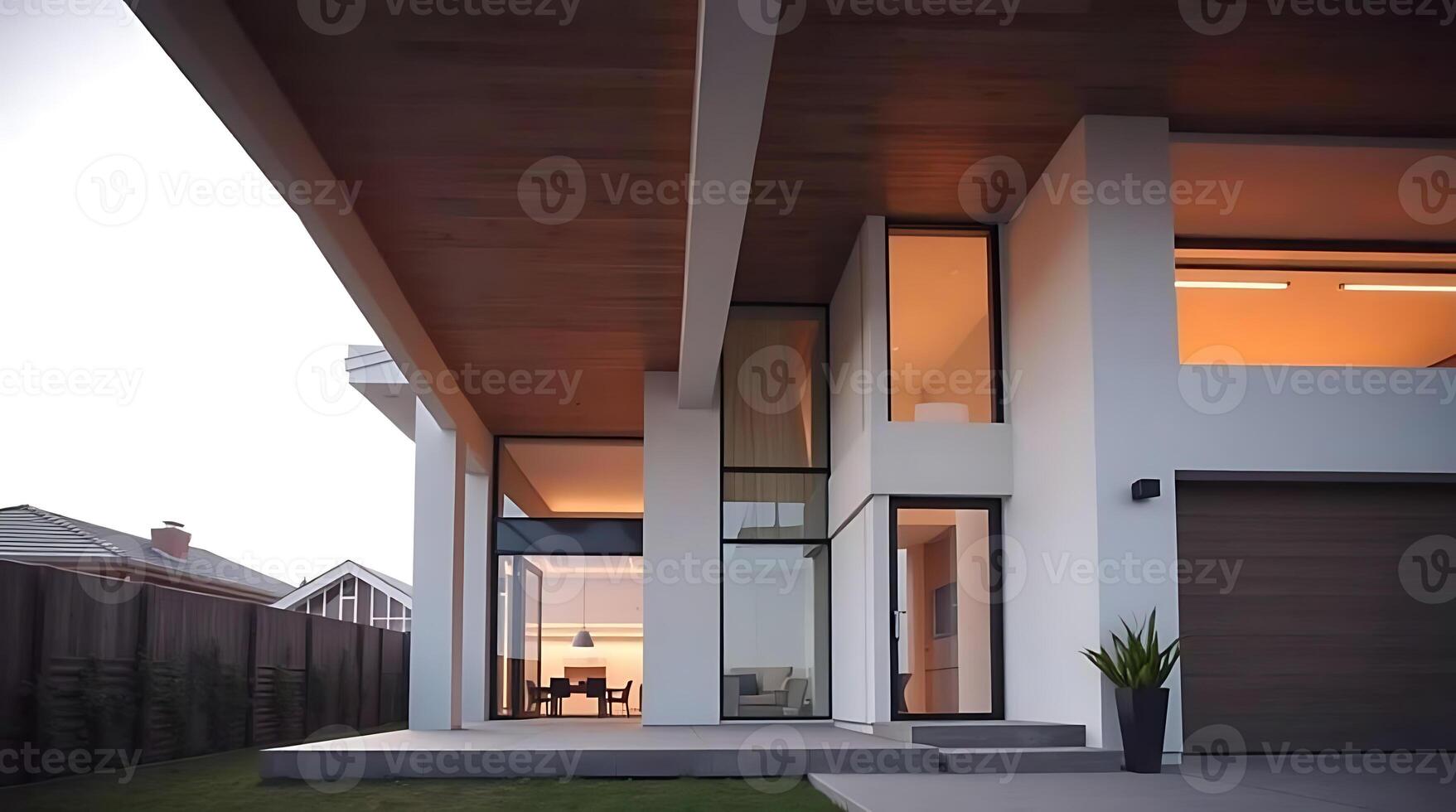 Modern house exterior design with minimalist architecture and landscaping photo