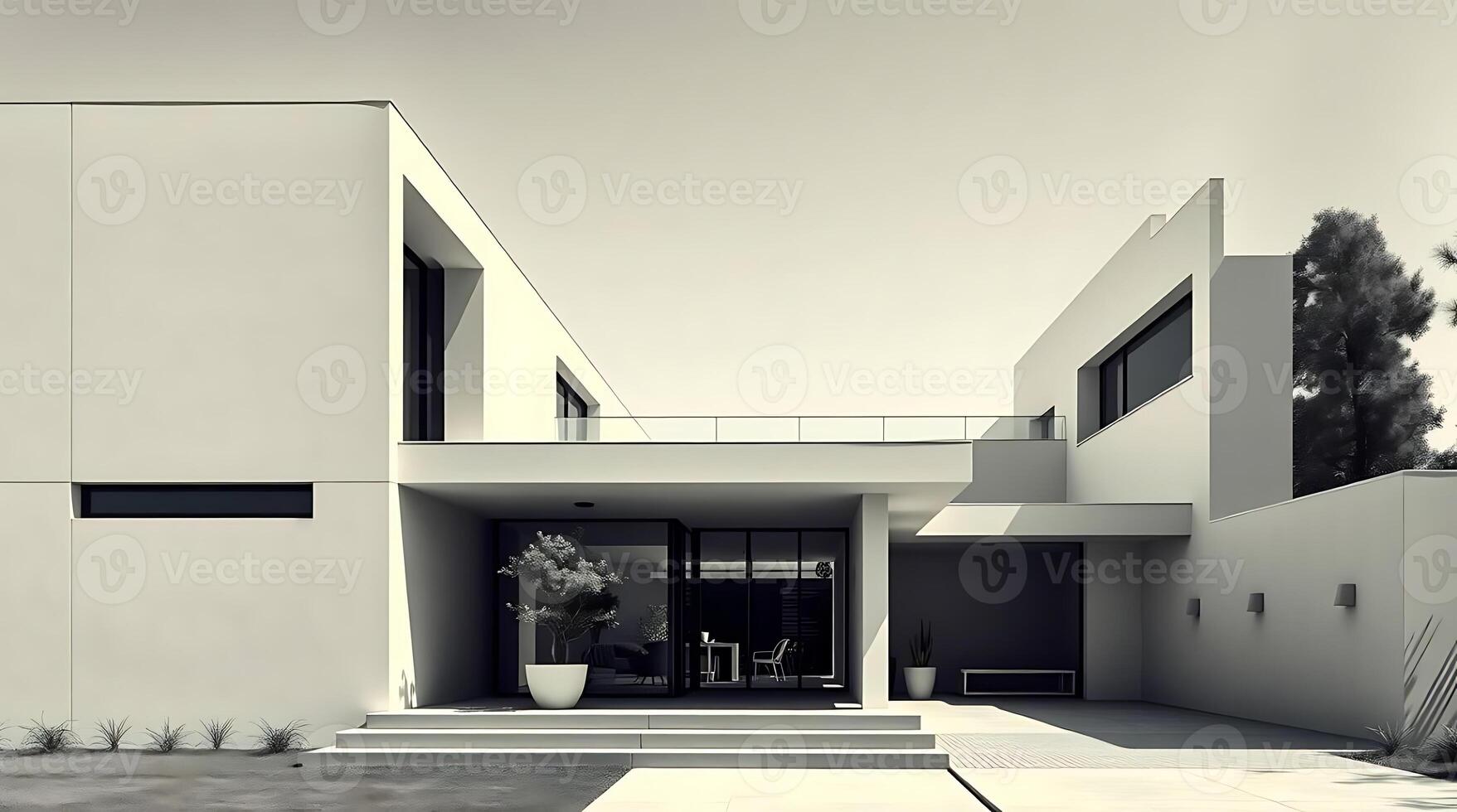 Modern minimalist house with clean lines and a neutral color palette photo