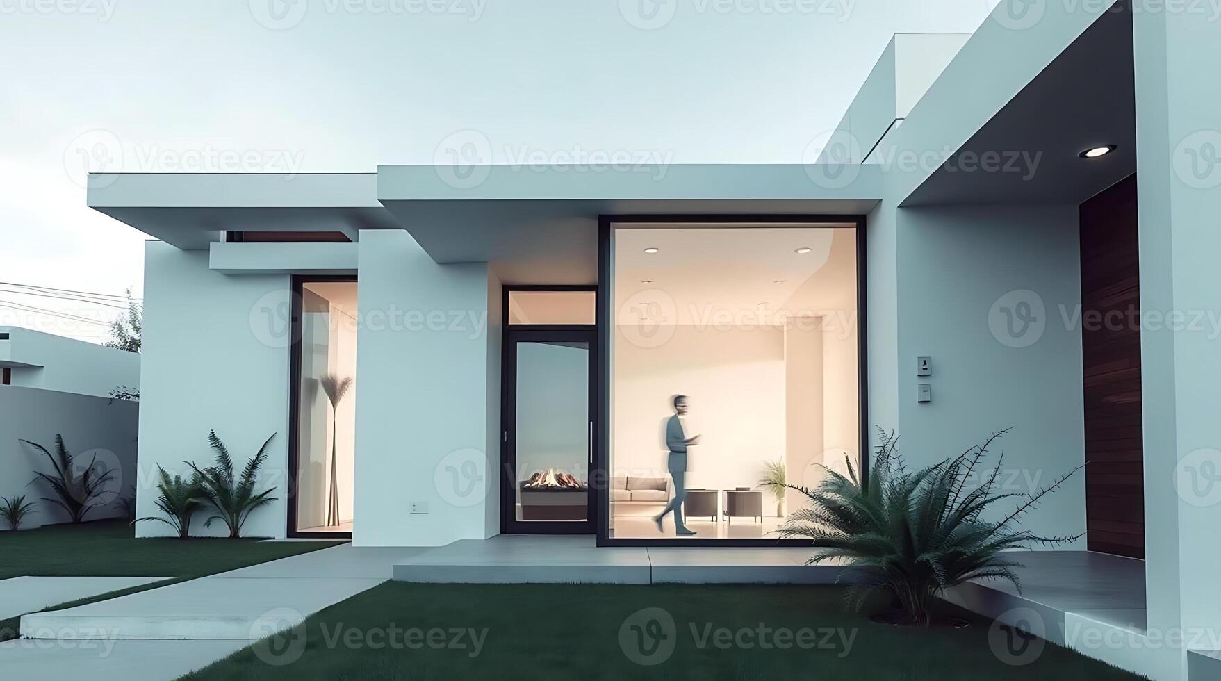Modern minimalist house exterior design with man walking inside home photo
