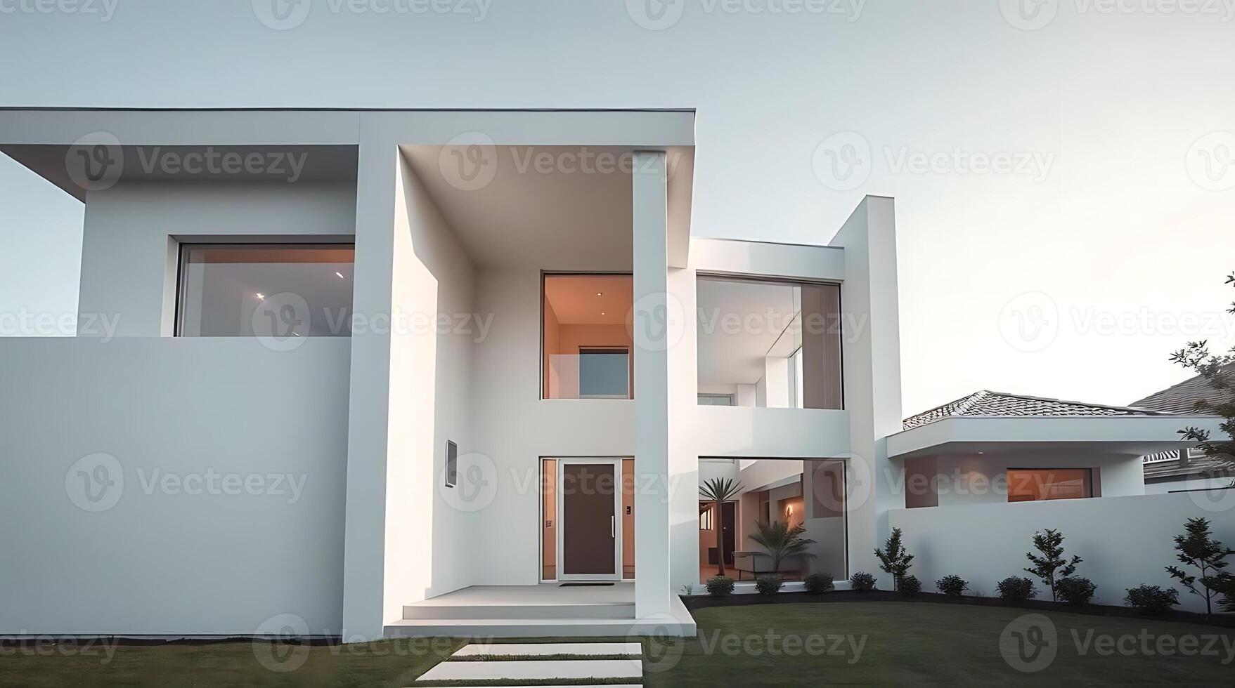 Modern luxury house with minimalist architecture and green lawn design photo