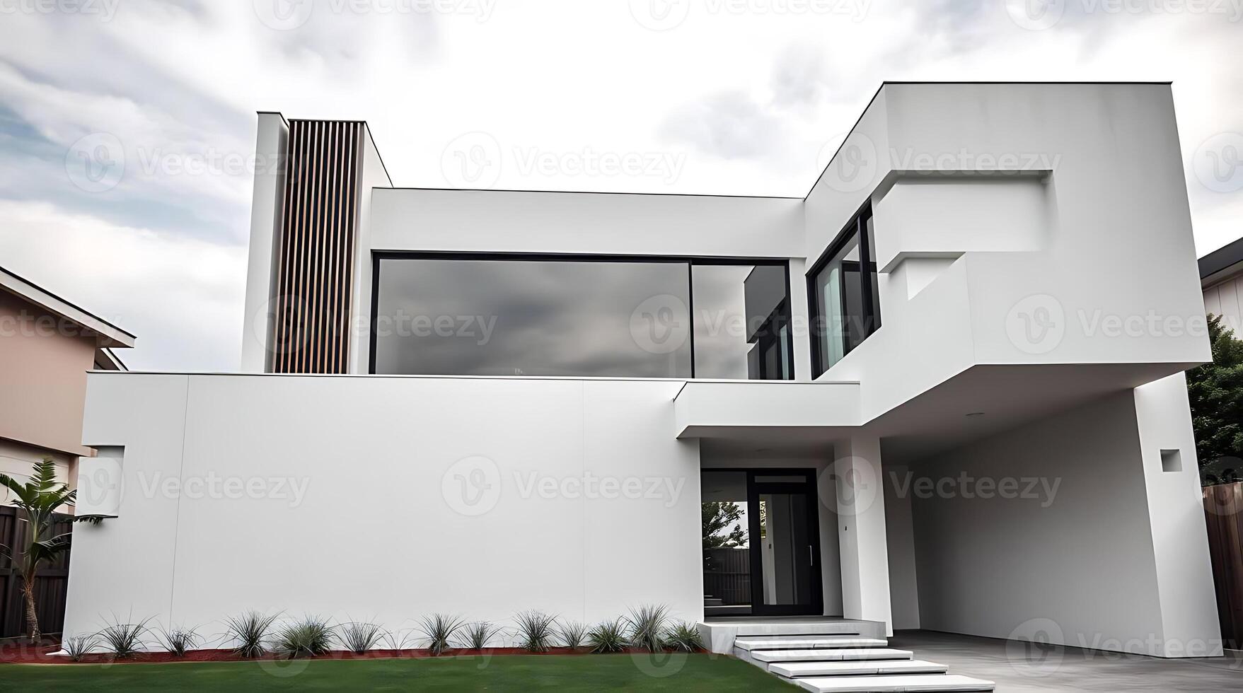 Sleek modern house exterior showcasing minimalist architecture and design photo