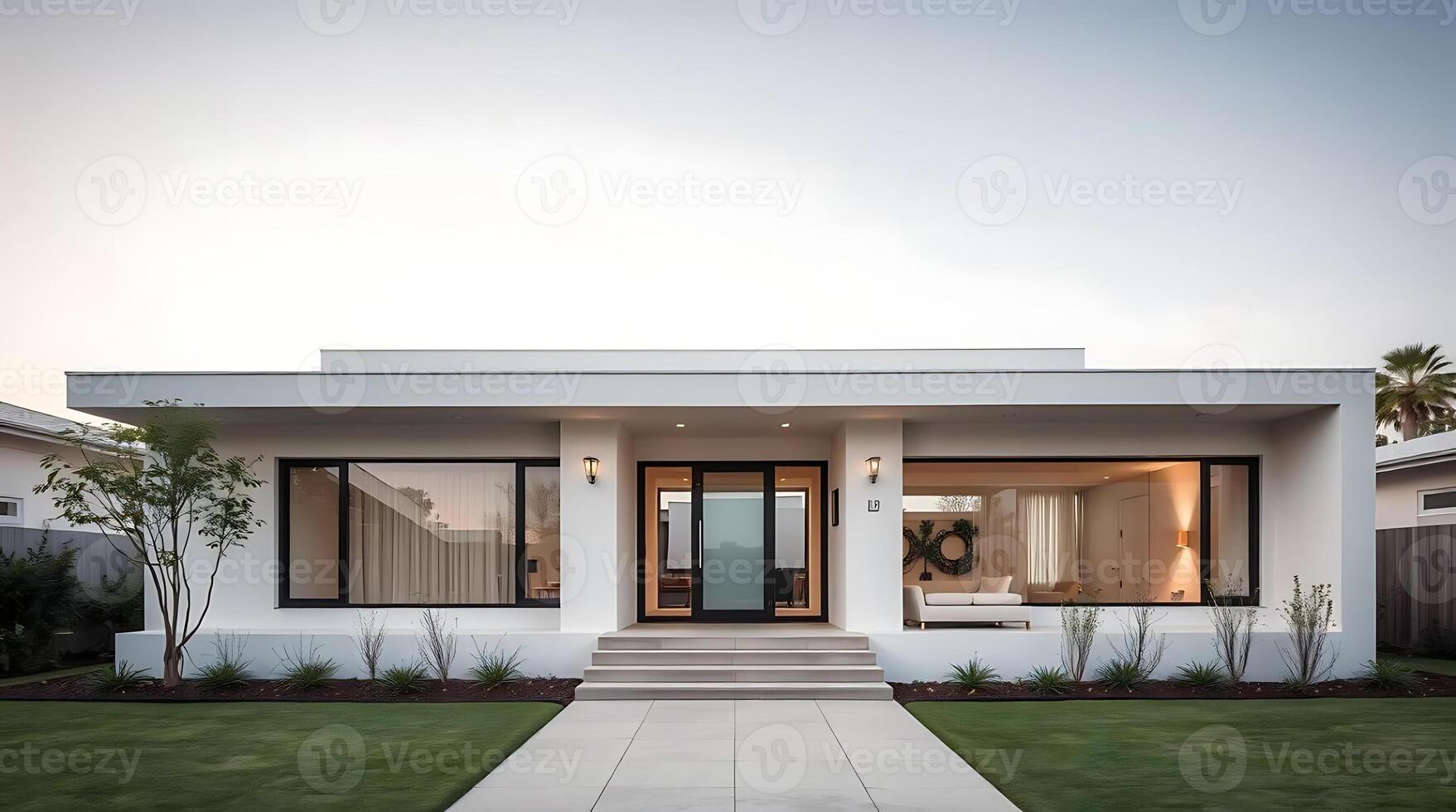 Modern minimalist house exterior with clean lines and inviting entrance photo
