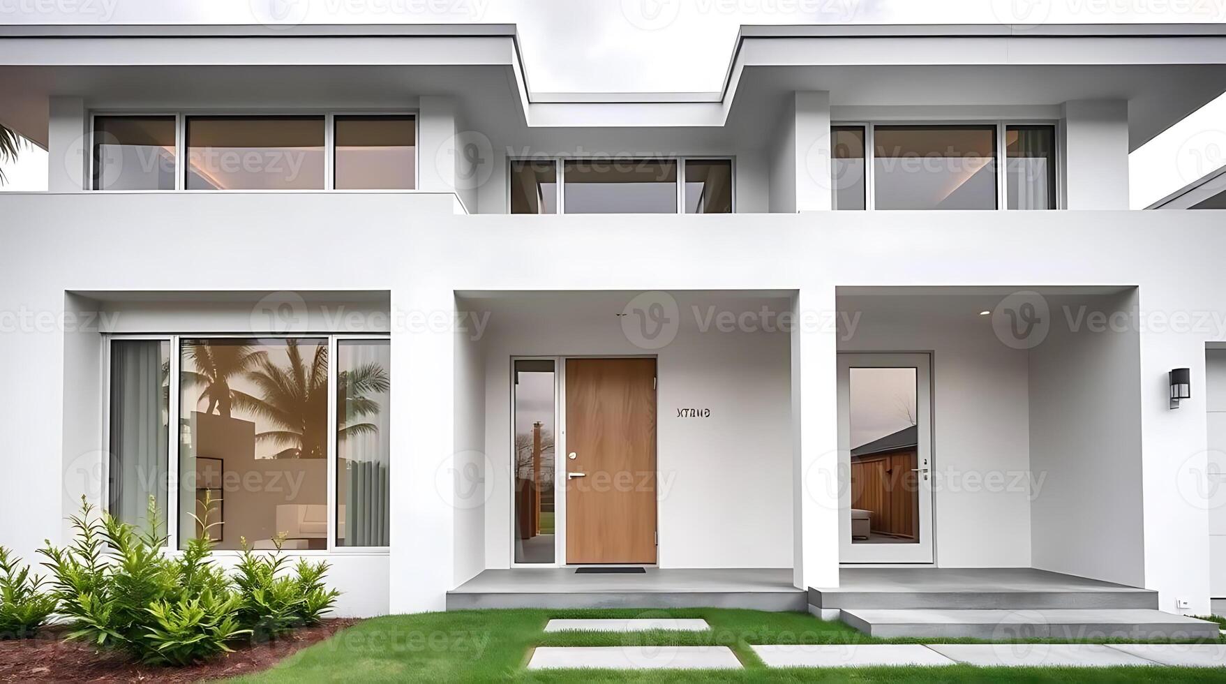 Modern white house exterior with clean lines and minimalist design style photo