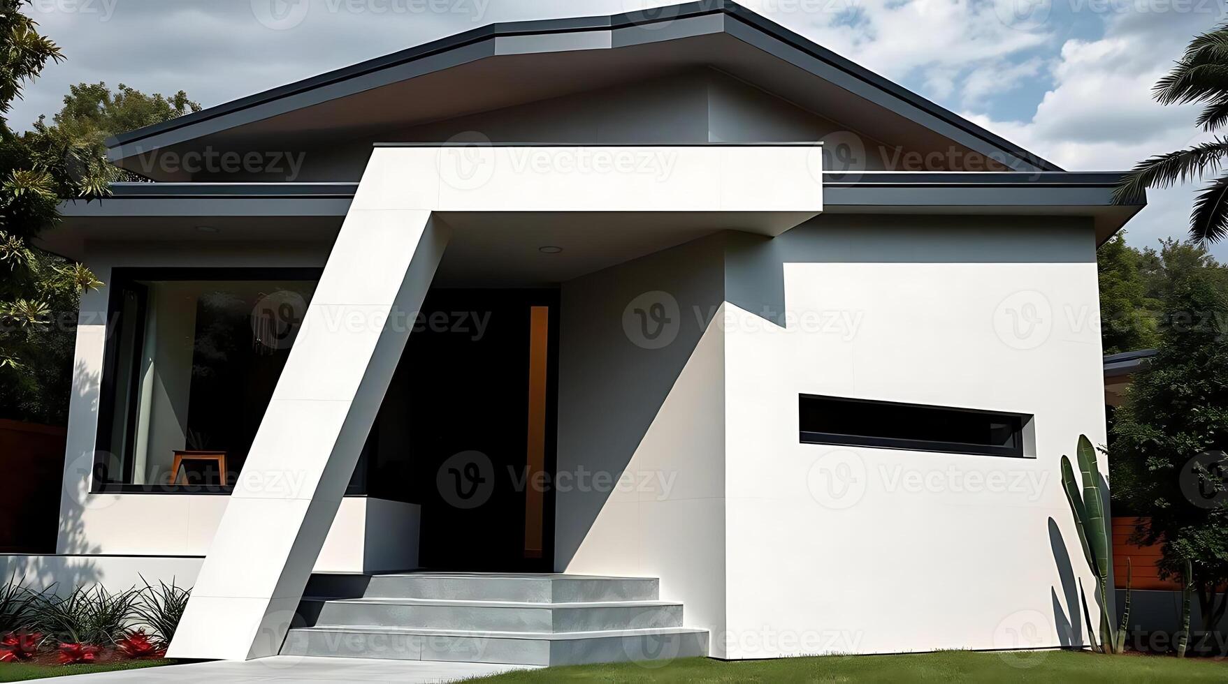 Modern minimalist house exterior design with geometric architecture style photo