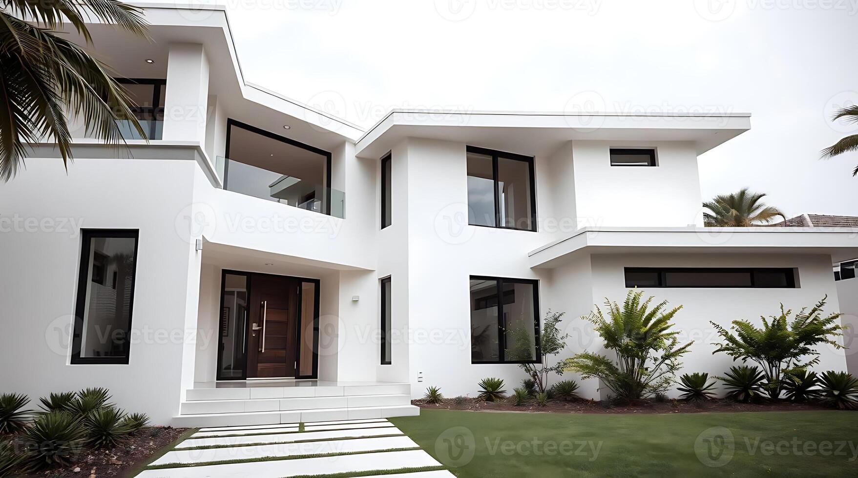Modern white house exterior with black windows and sleek landscaping photo