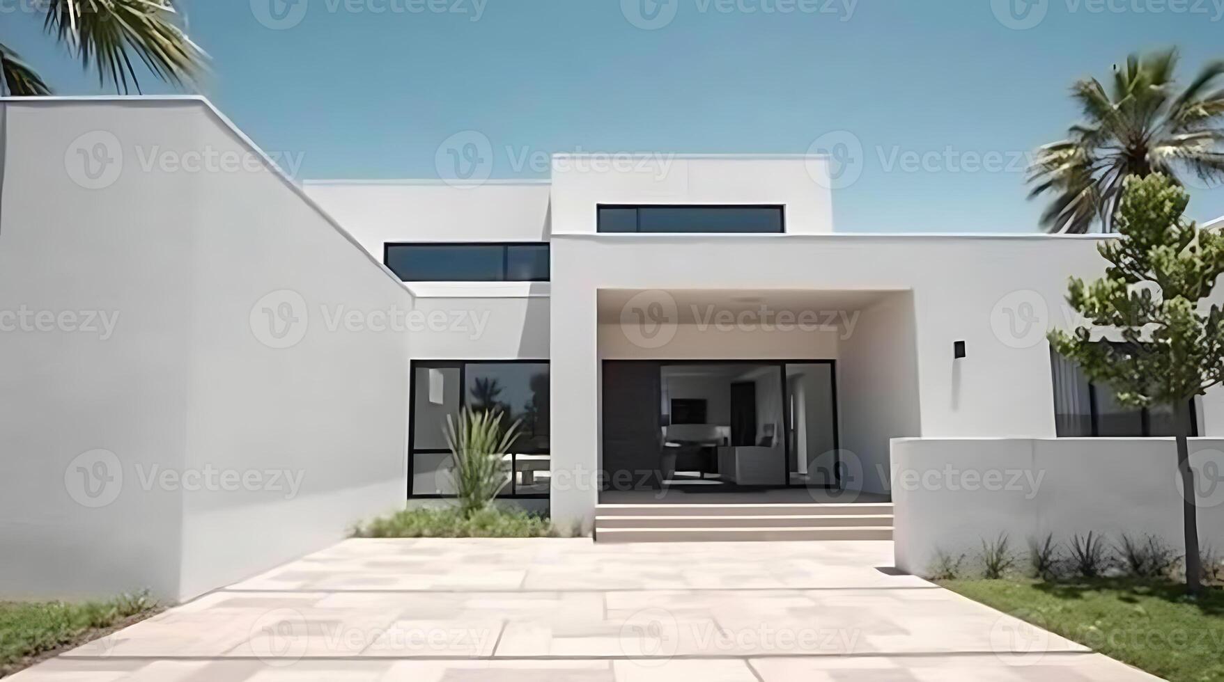Beautiful modern home exterior with white facade and minimalist design photo