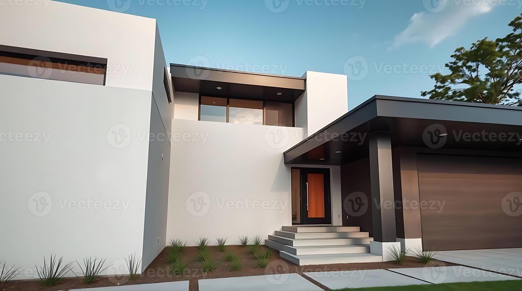 Modern home exterior design with white walls and dark trim architecture photo