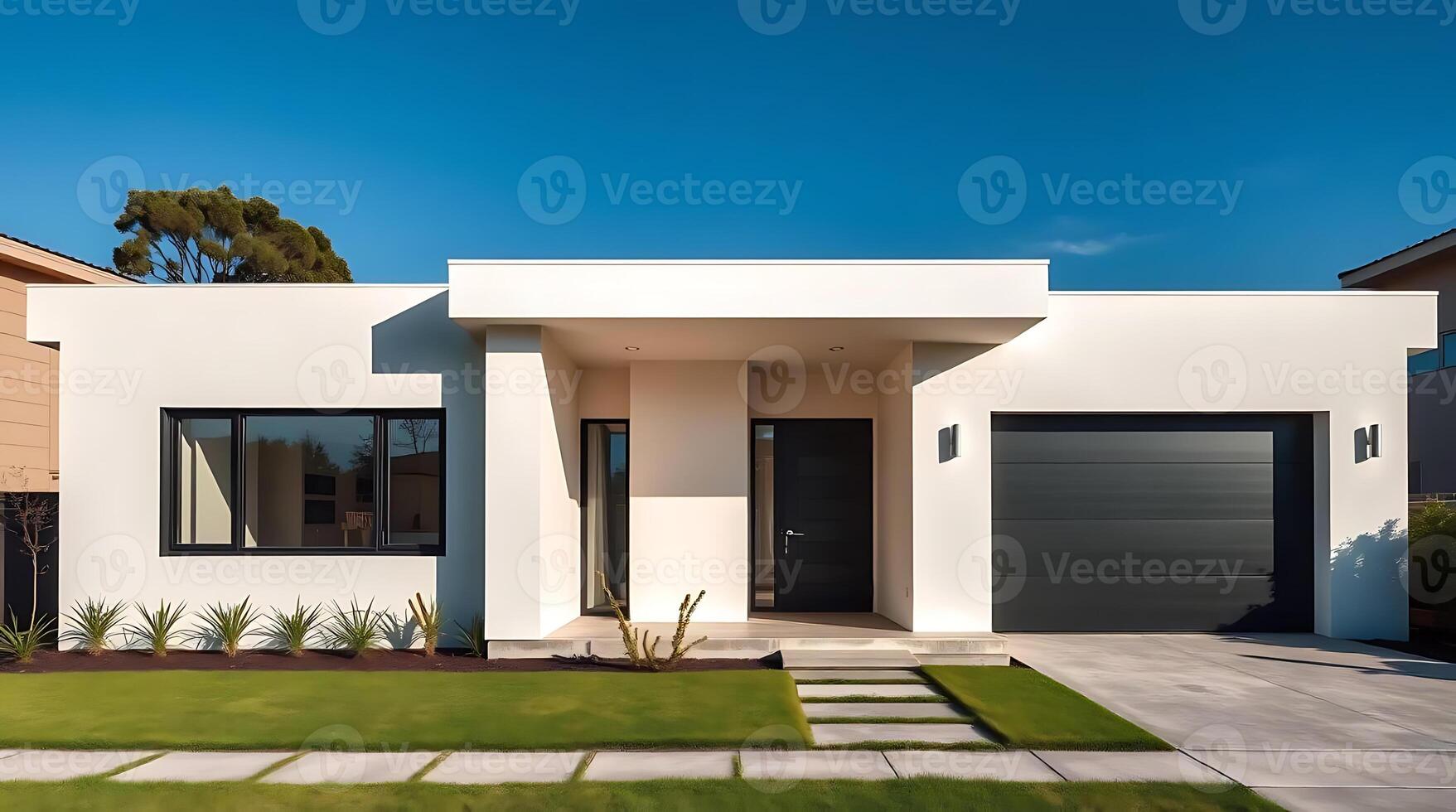 Modern architecture of a one story house with minimalist design elements photo