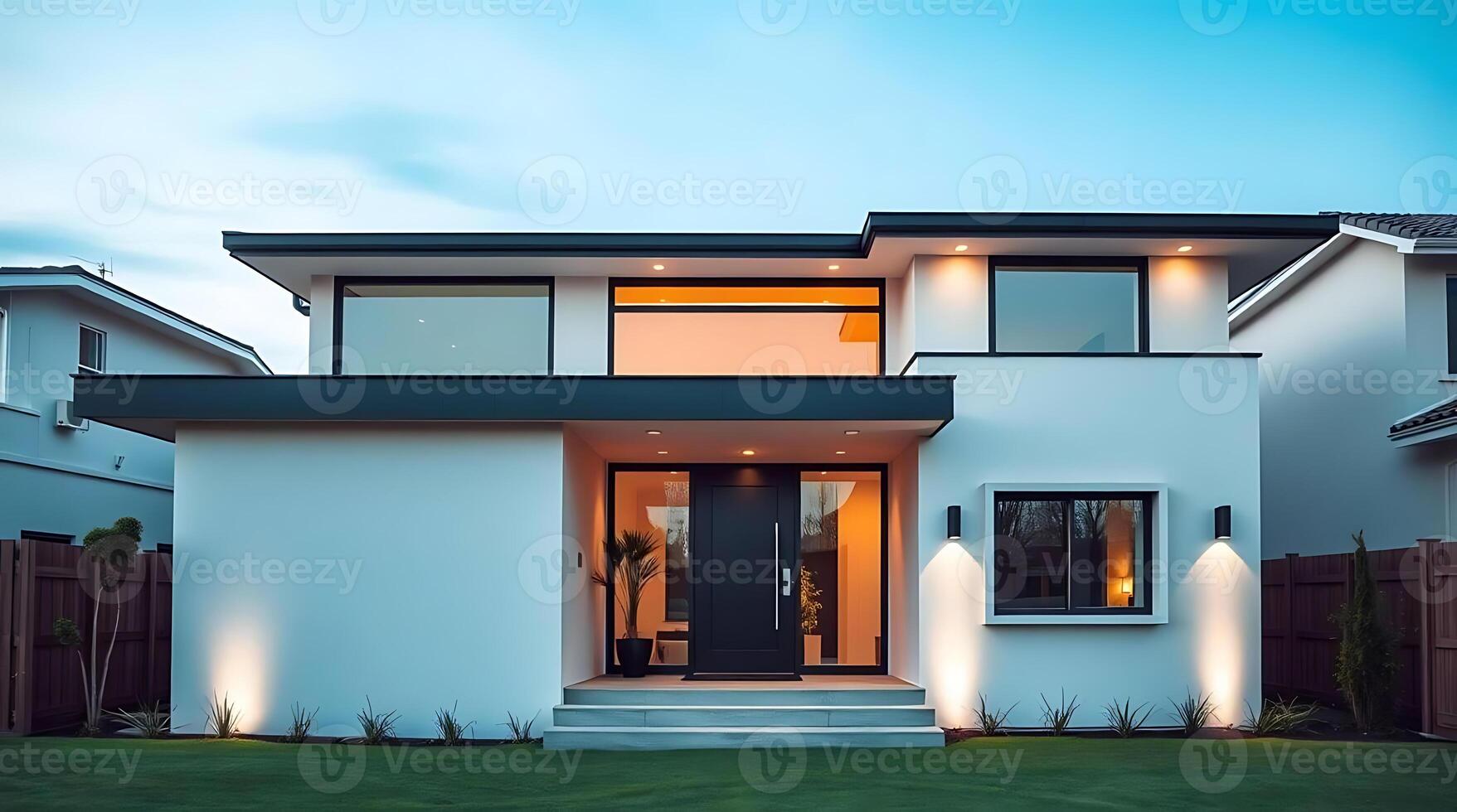 Modern house exterior at dusk with illuminated facade and manicured lawn photo