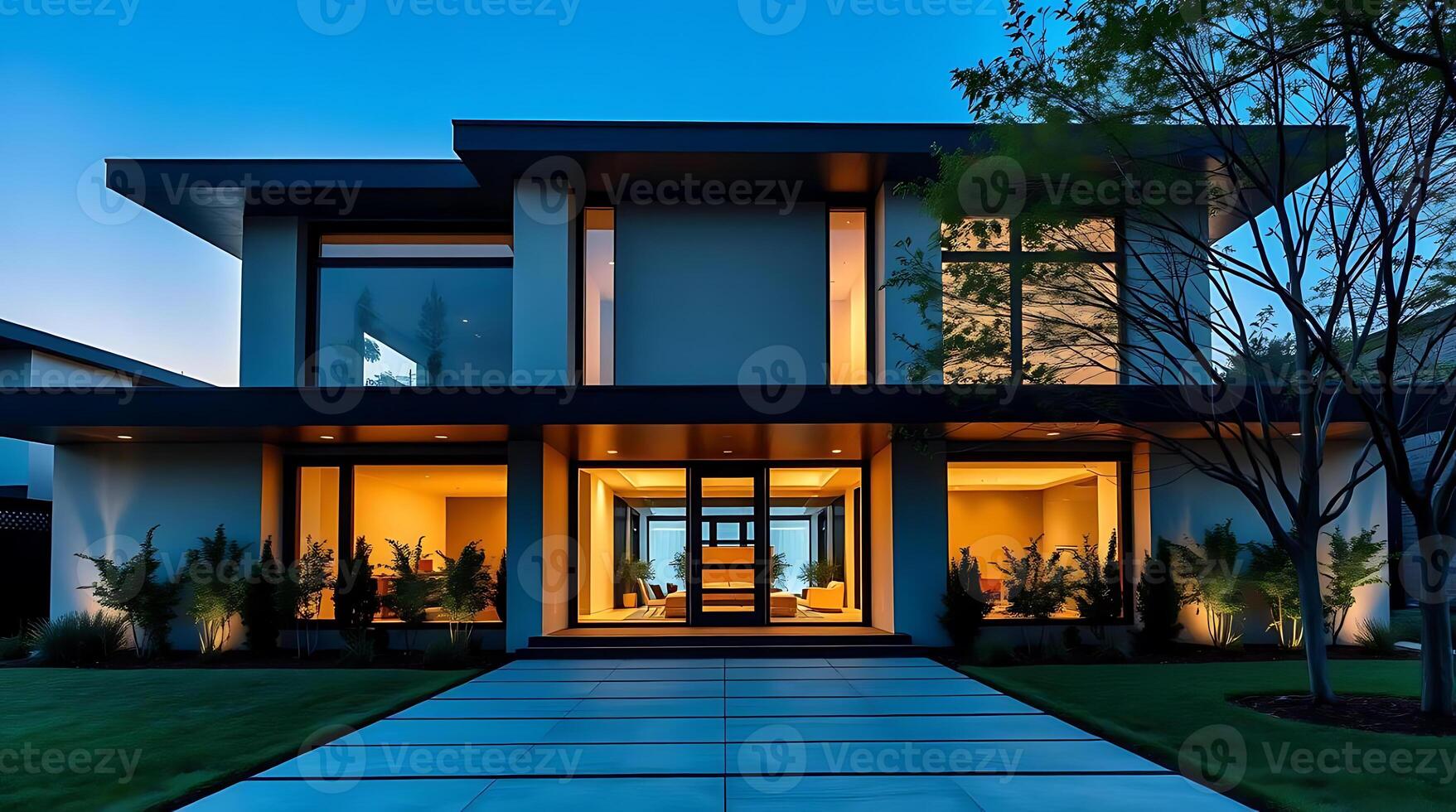 Modern house exterior design with illuminated windows at twilight time photo