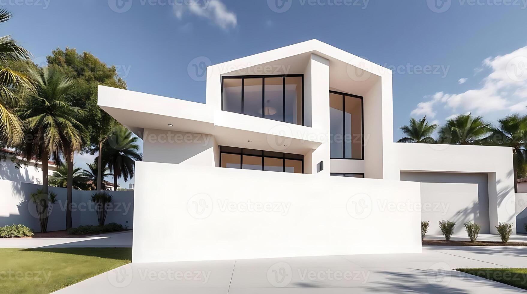 Modern minimalist architecture of a luxury home with palms and blue sky photo
