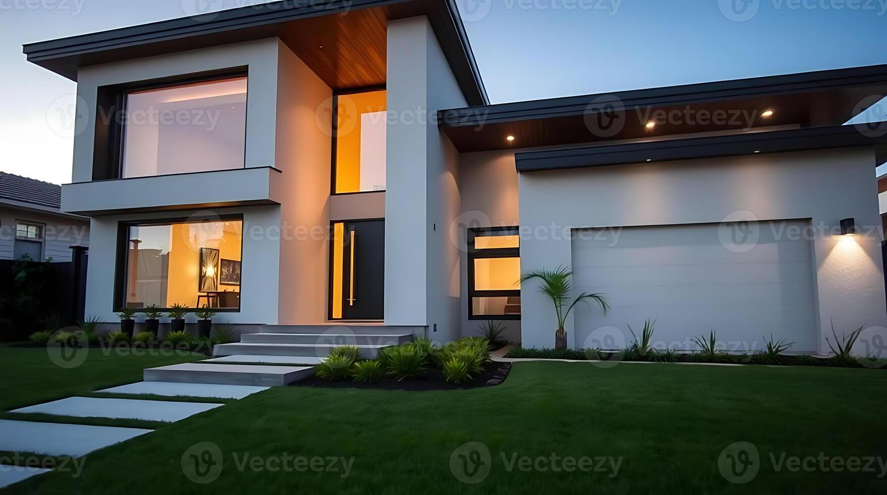 Modern home exterior showcases architectural design and landscaping at dusk photo