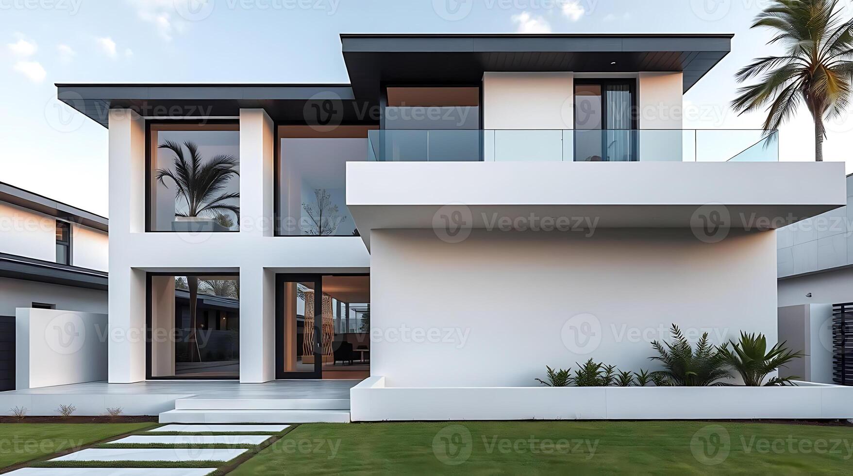 Modern luxury house with minimalist architecture and lush green lawn photo