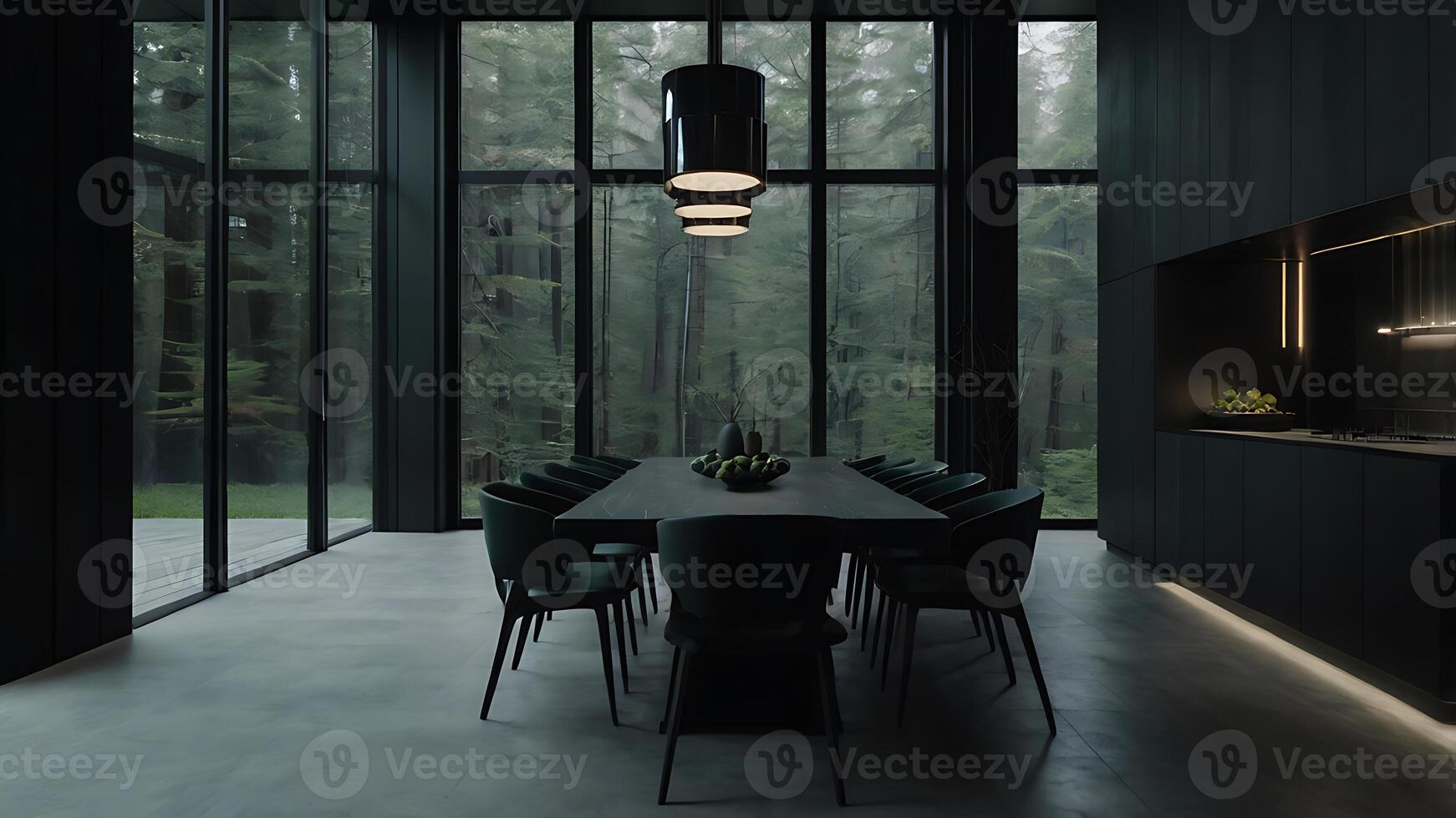 Modern minimalist dining room interior with expansive windows and forest view photo