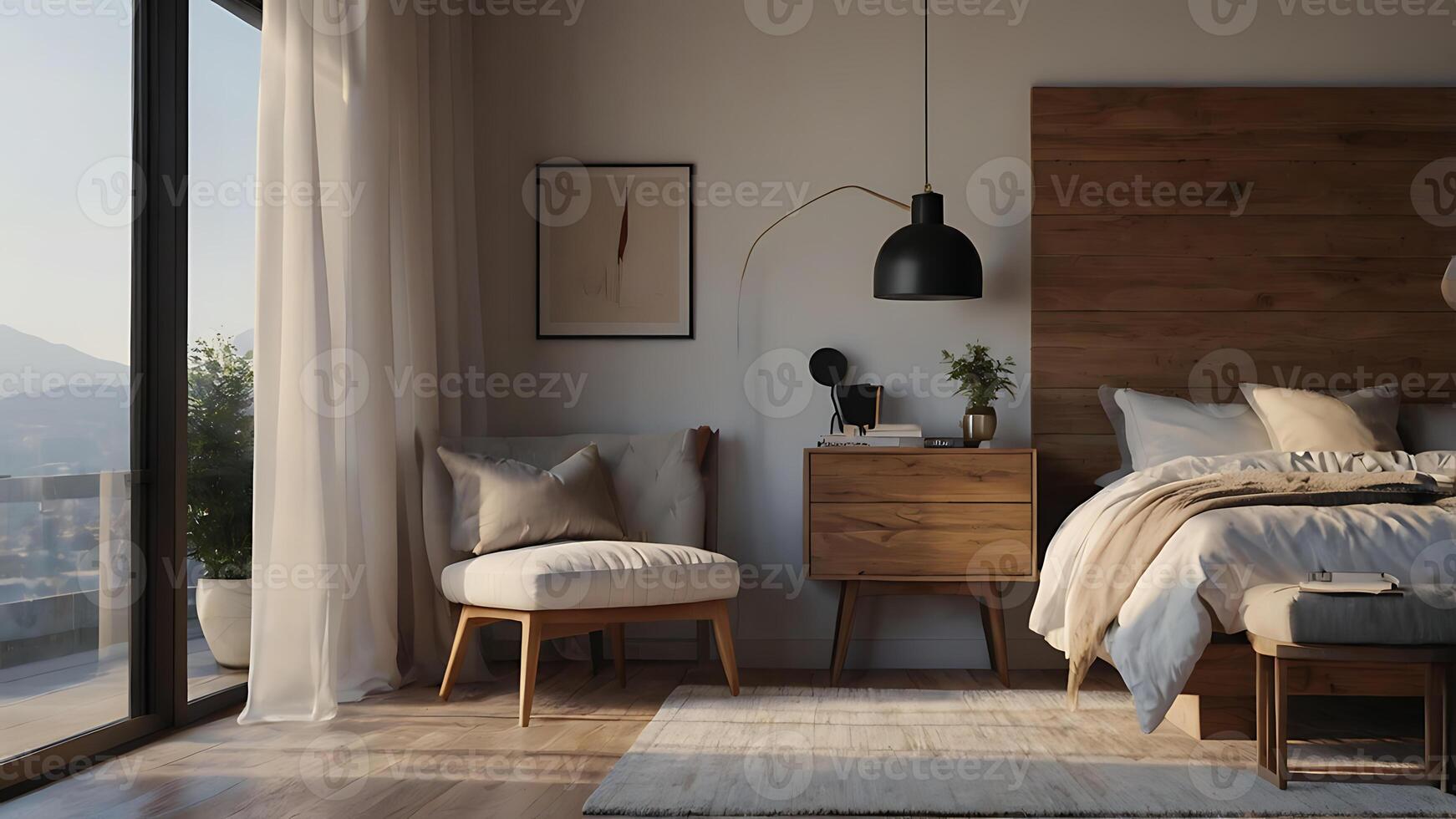 Stylish bedroom interior with natural light and modern furniture design photo