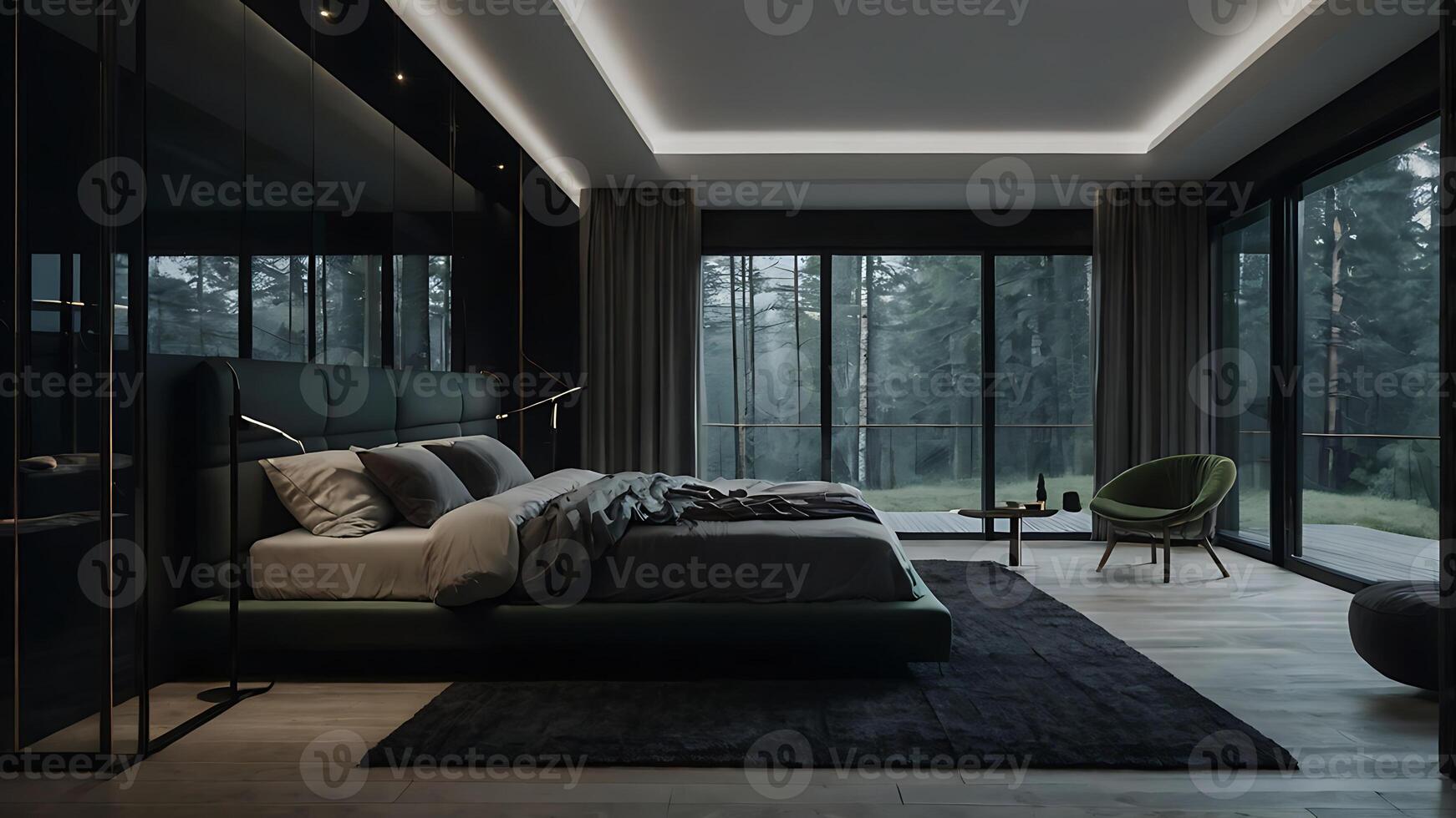 Luxurious modern bedroom interior with forest view creating a tranquil atmosphere. photo