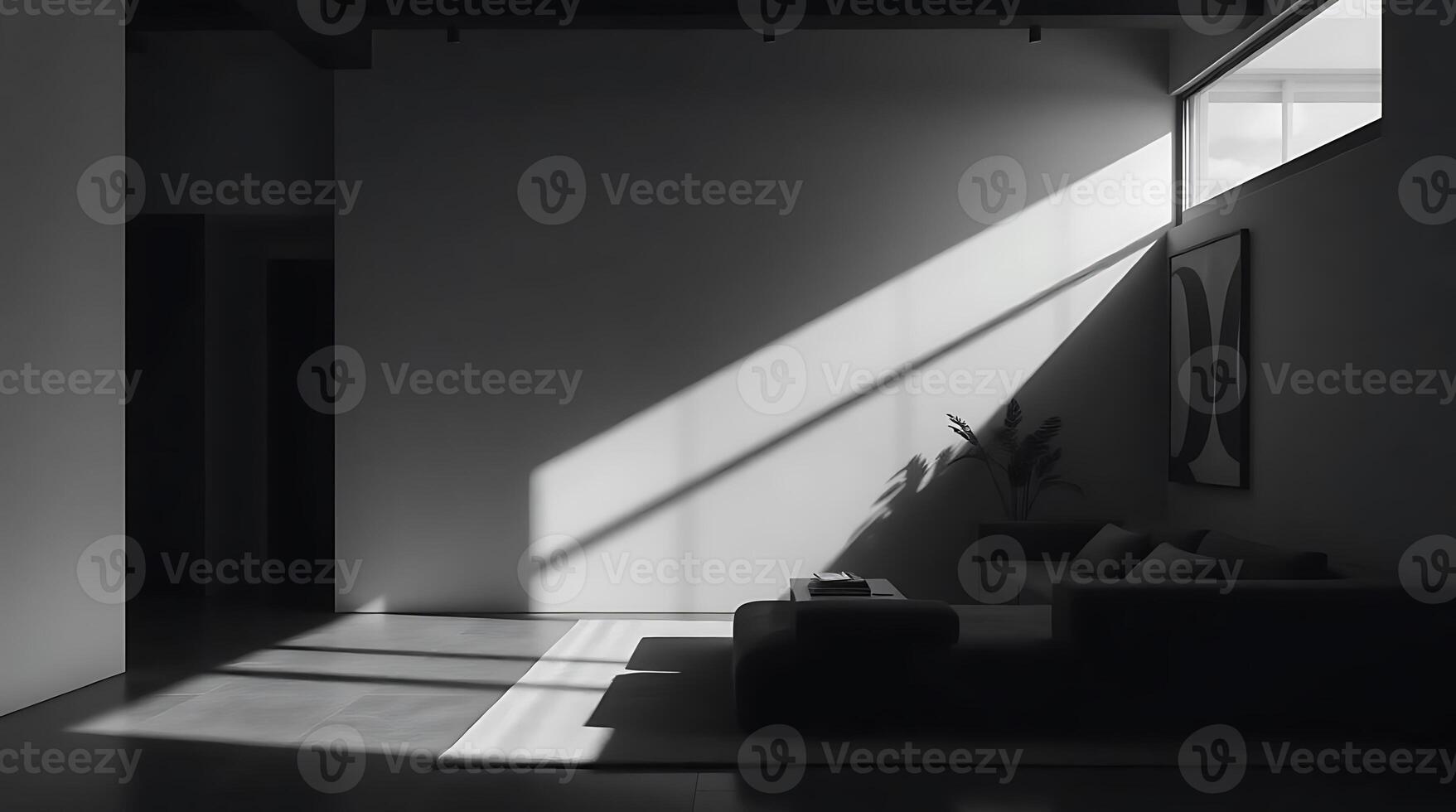 Minimalist interior design with dramatic sunlight creating shadows and light in a room. photo