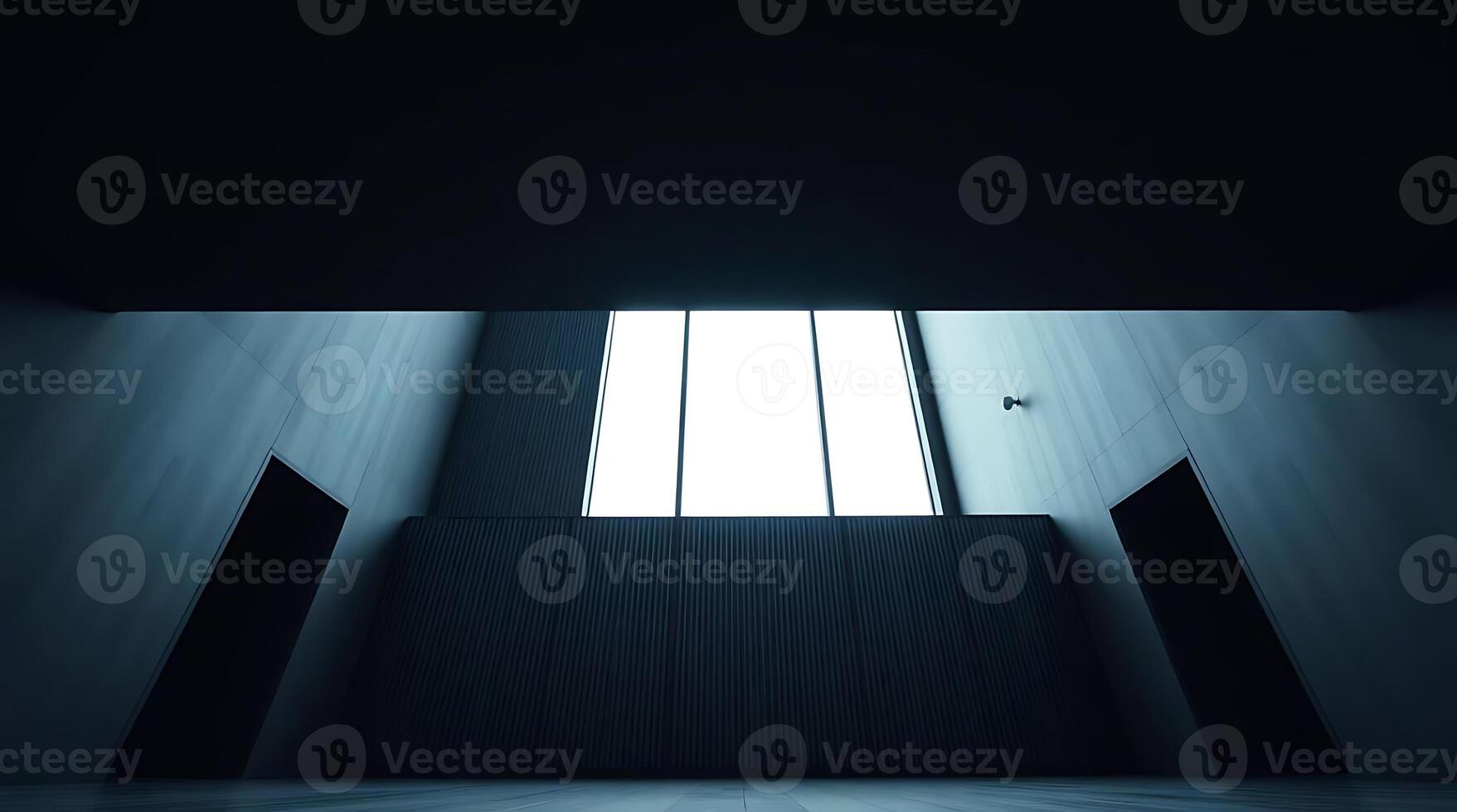 Minimalist architectural interior with bright window and geometric lines in blue tones photo