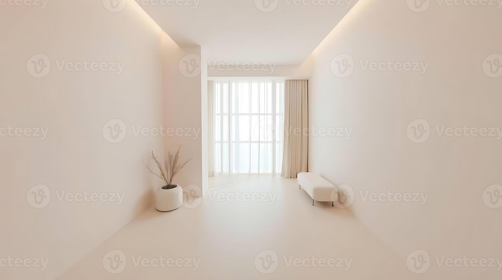 Minimalist interior design with soft beige tones creating a serene and calming space. photo