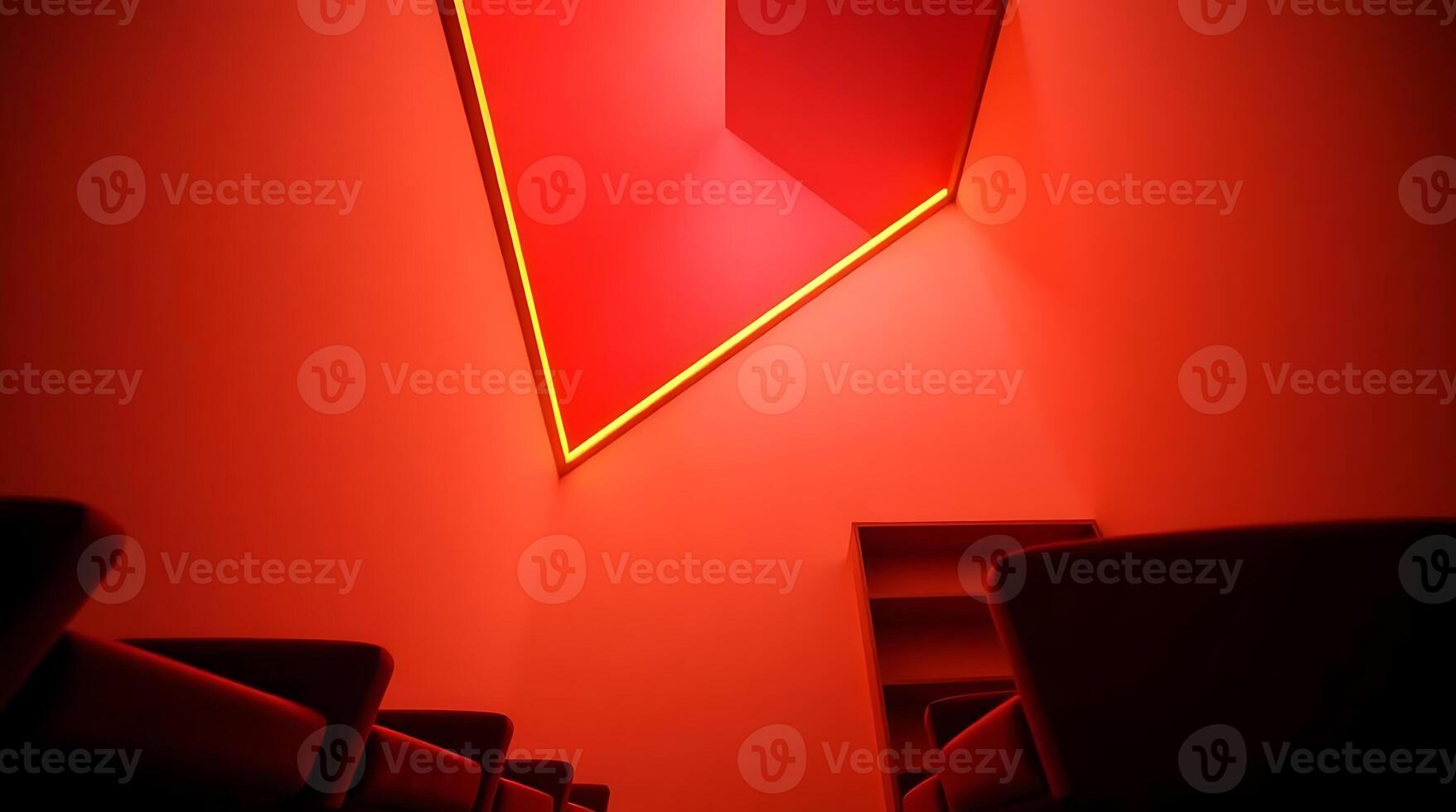 Abstract red illuminated room with geometric shapes and modern architectural design photo