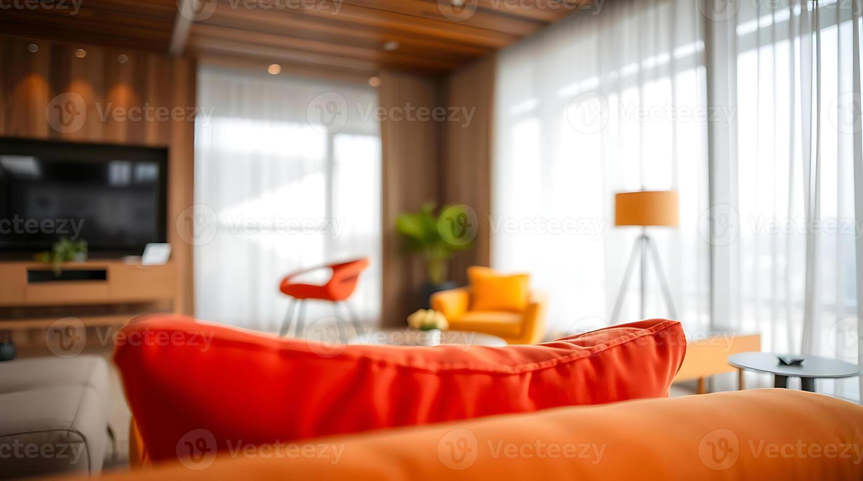 Modern living room interior design with orange sofa and cozy atmosphere photo