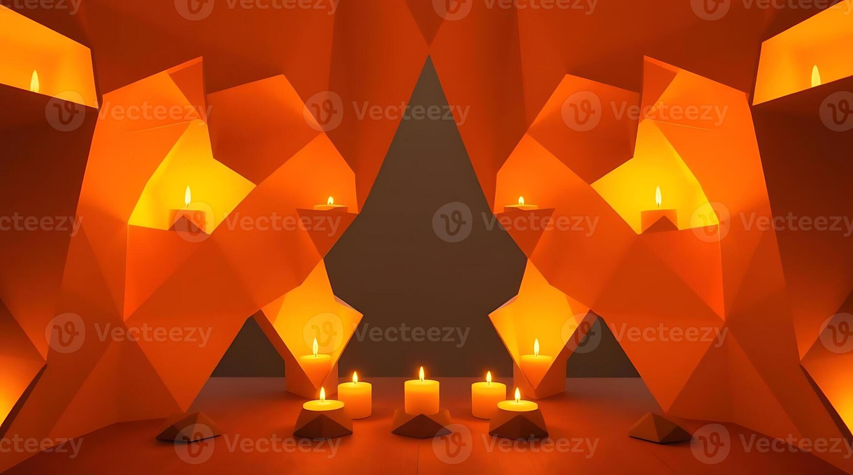 Abstract geometric orange installation with candles creating a warm and inviting ambiance. photo