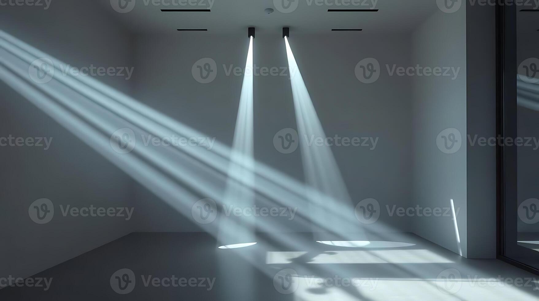 Minimalist interior scene with dramatic light and shadow creating abstract patterns photo