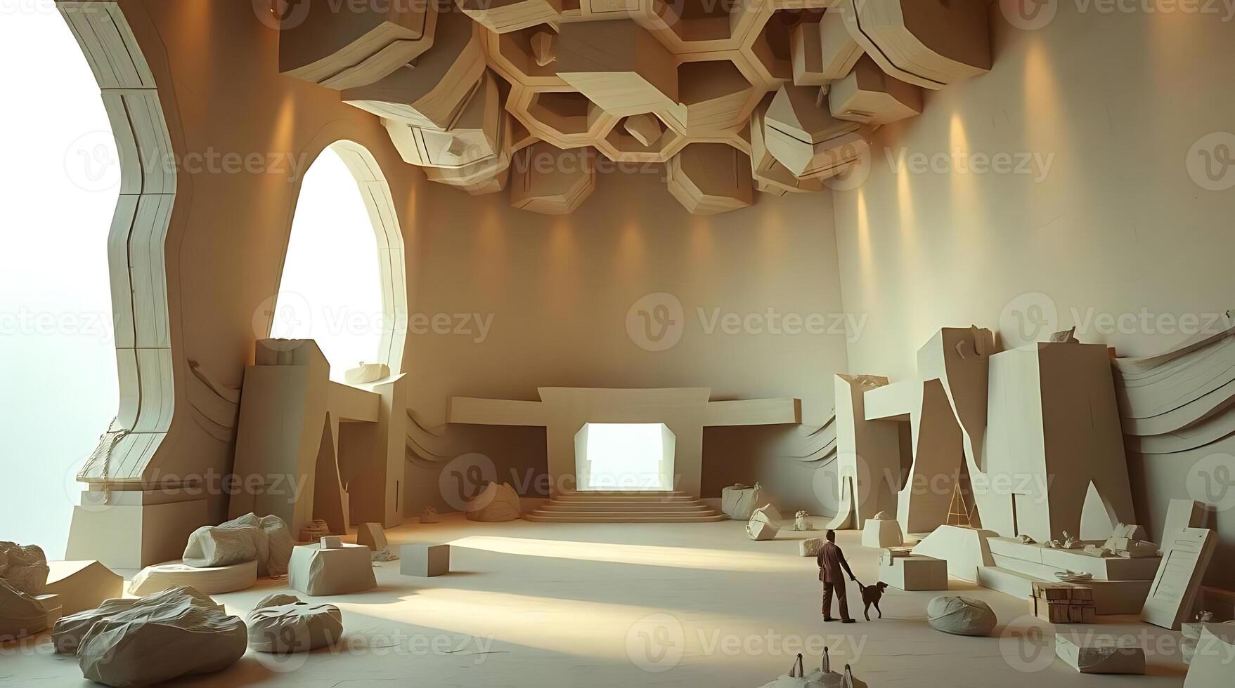 Architectural Interior with Person and Dog, Abstract Modern Design Concept photo