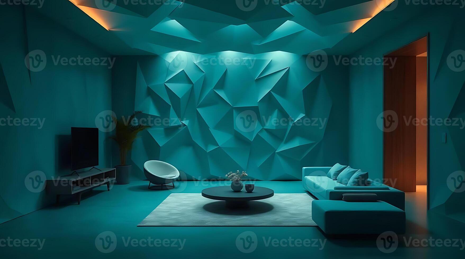 Modern teal living room interior with geometric wall design and minimalist furniture photo