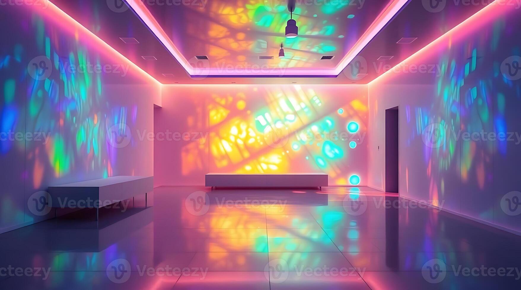 A vibrant and colorful interior space with light reflections and modern design features photo