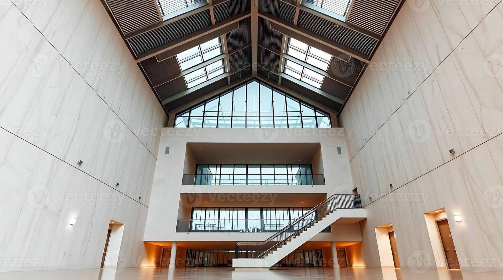 Modern architectural interior featuring high ceilings and glass windows in spacious hall photo
