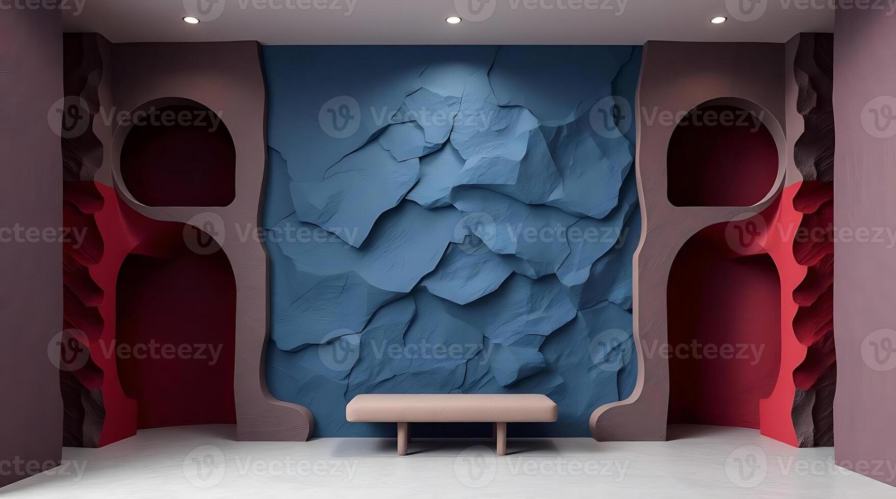 Stunning interior design with textured blue wall and artistic architectural details photo