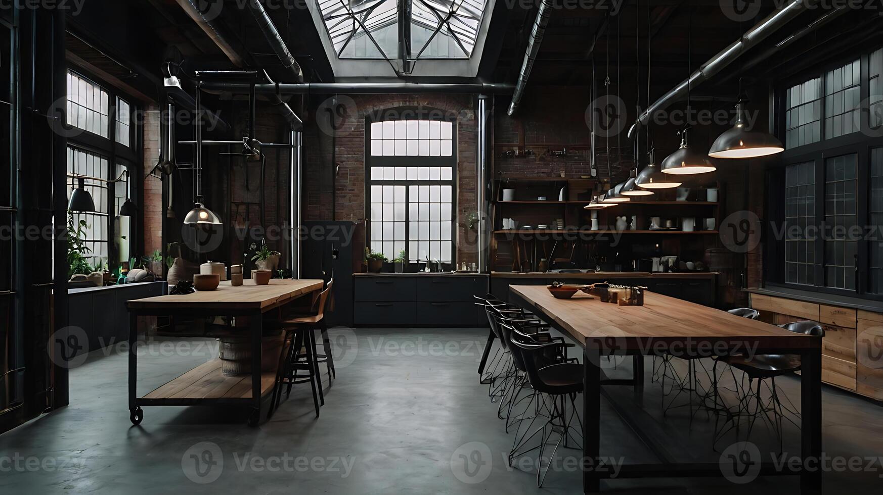 Industrial kitchen interior design with exposed brick and wooden tables photo