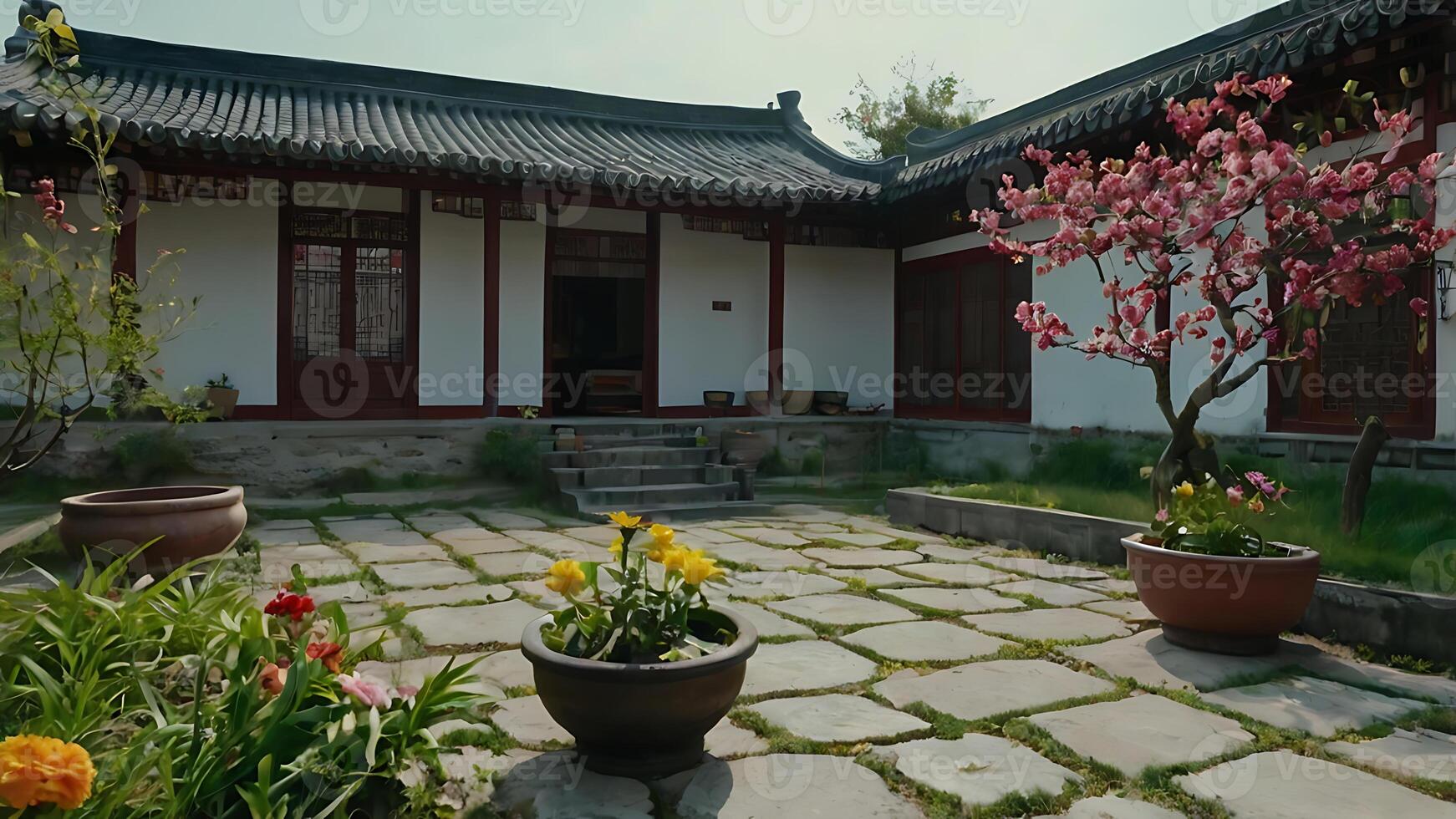 Serene view of traditional Asian courtyard with blooming flowers and architecture. photo