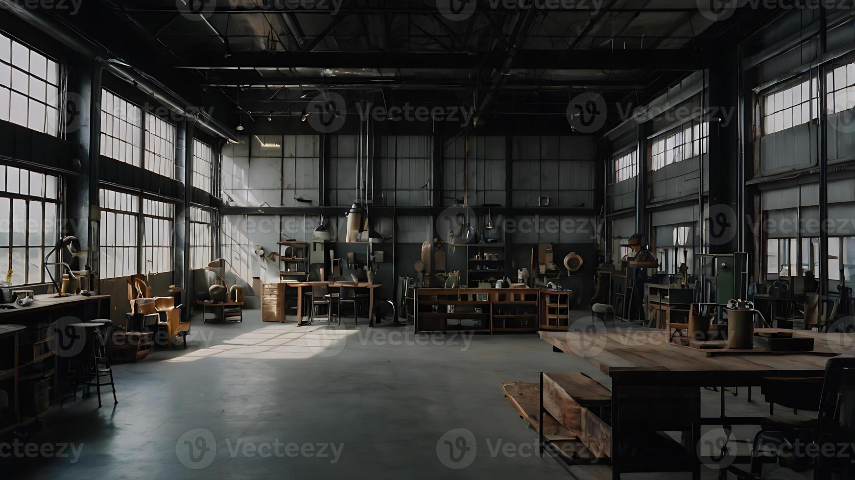 Interior view of a large industrial workshop with workshop tools and equipment photo