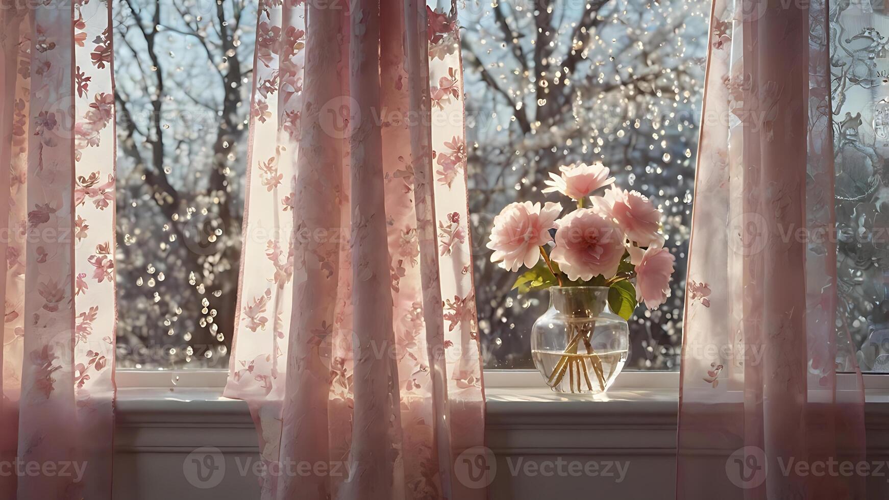 Beautiful pink flowers in a vase by a window with floral curtains and rain. photo