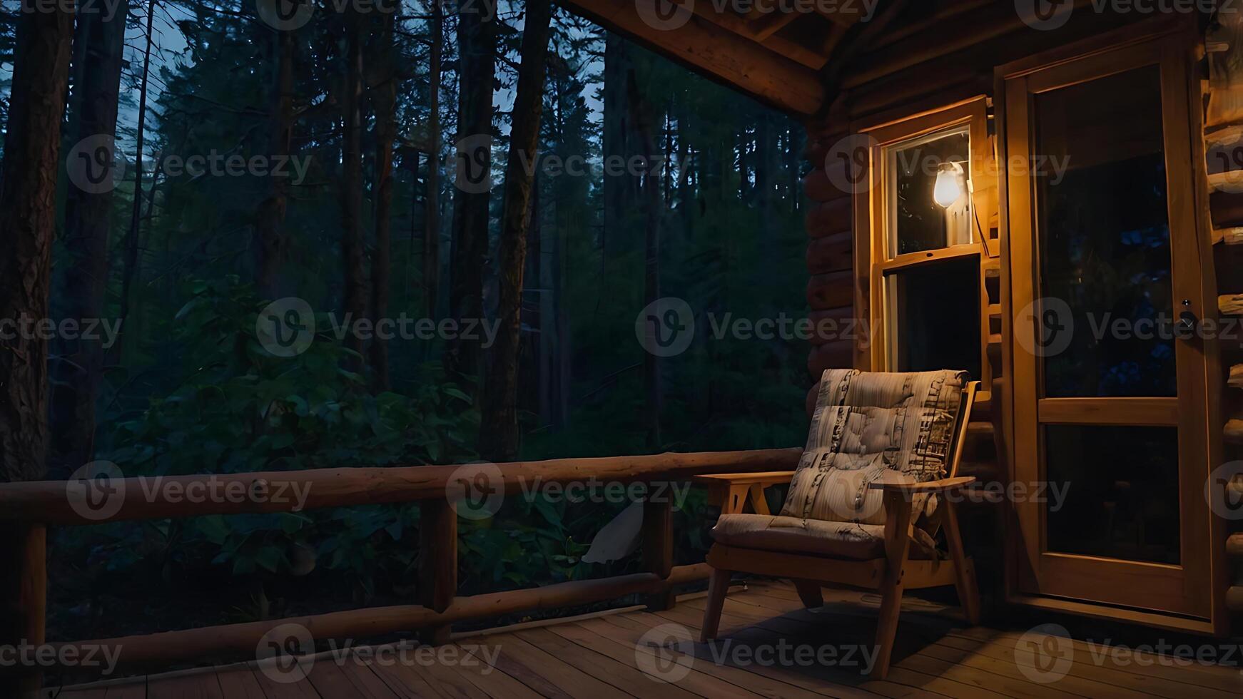 Cozy cabin porch at dusk with chair and lantern overlooking a dark forest photo