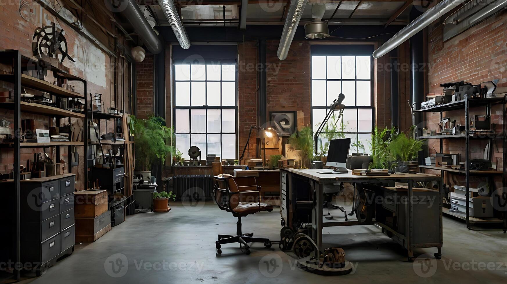 Industrial-style office space with brick walls, desk, and shelves filled with objects. photo