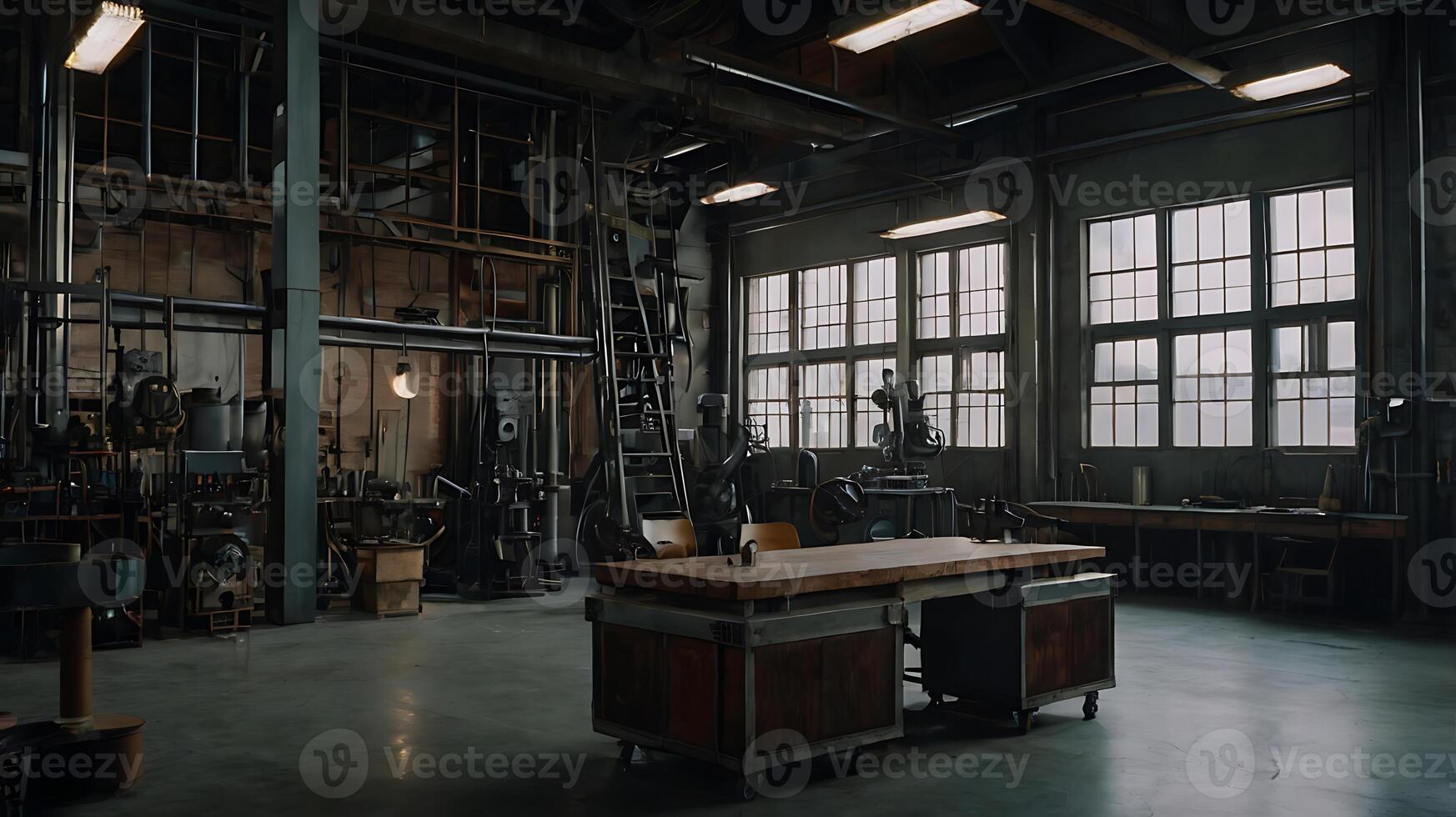Interior of a vintage workshop or industrial space with tools and equipment photo