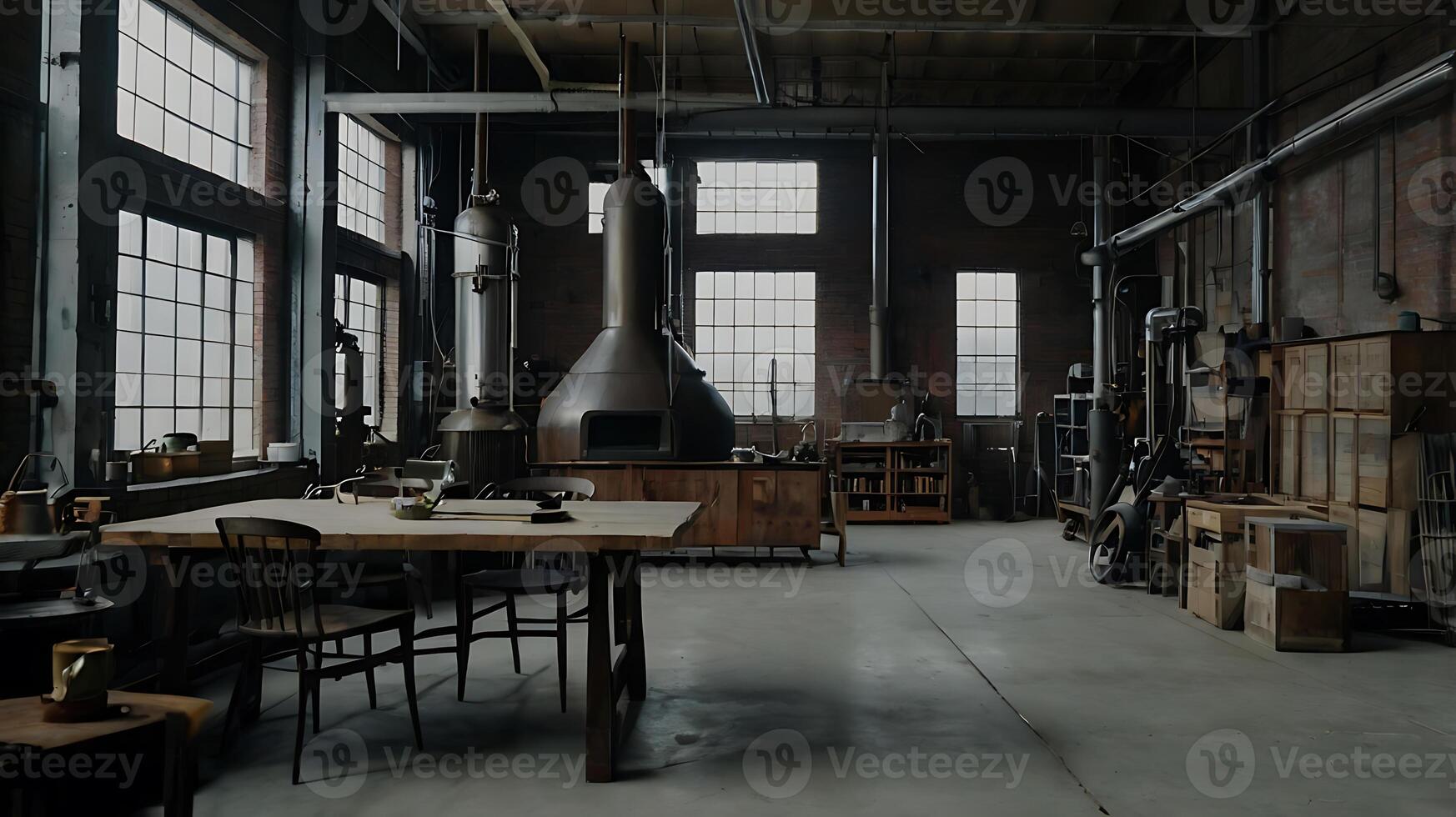 Interior of a vintage industrial workshop with equipment and large windows photo